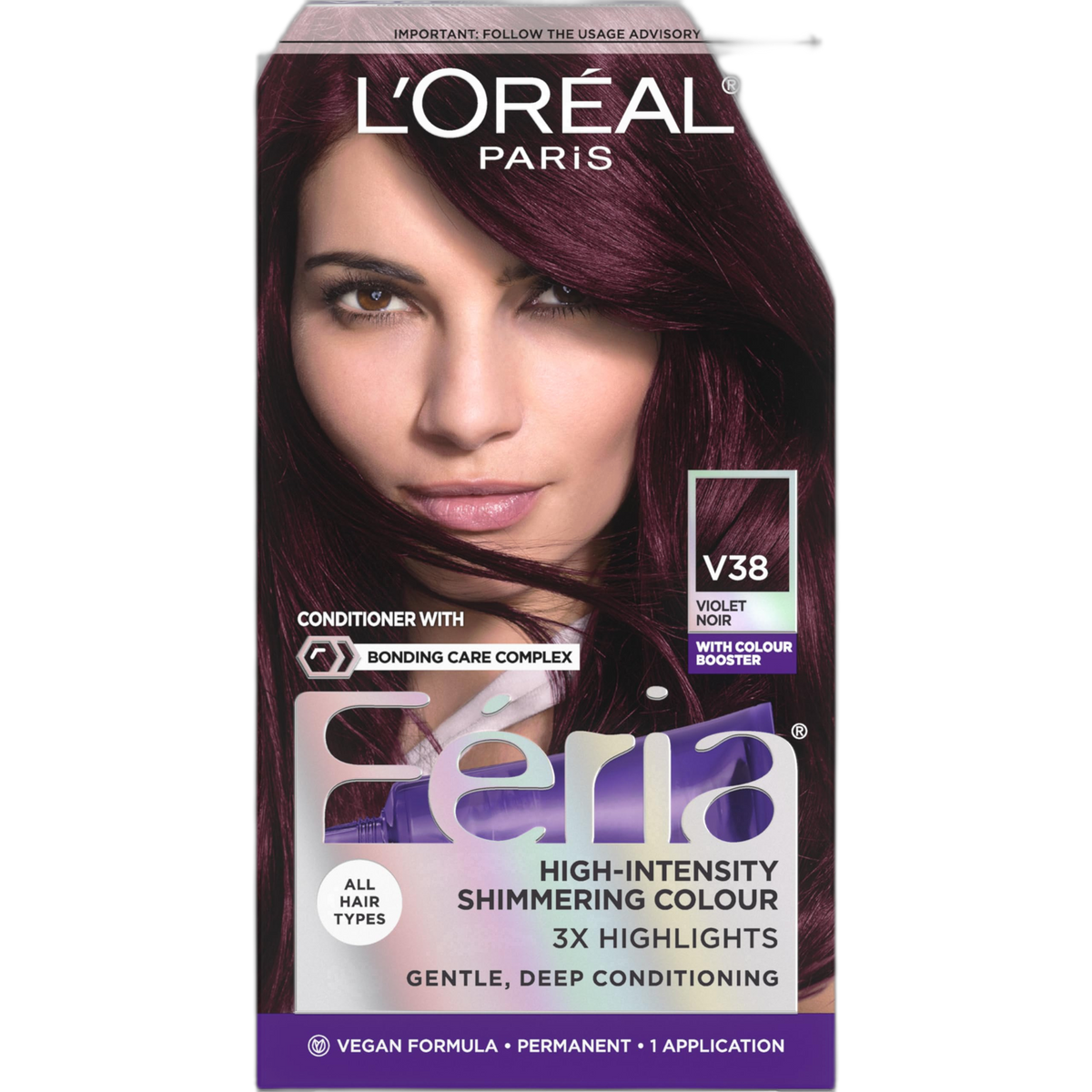 L'Oreal Paris Feria Multi-Faceted Shimmering Permanent Hair Color Hair Dye, V38 Violet Noir (Intense Deep Violet)