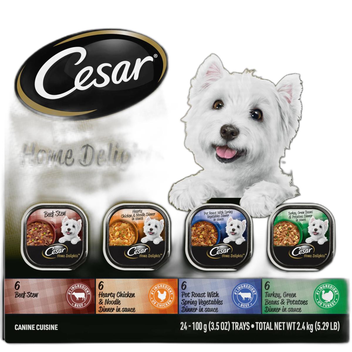 Cesar Home Delights Adult Wet Dog Food, Pot Roast with Spring Vegetables, Beef Stew, Turkey, Green Beans, & Potatoes, and Hearty Chicken & Noodle Variety Pack, 3.5 oz. (24 Count, Pack of 1)