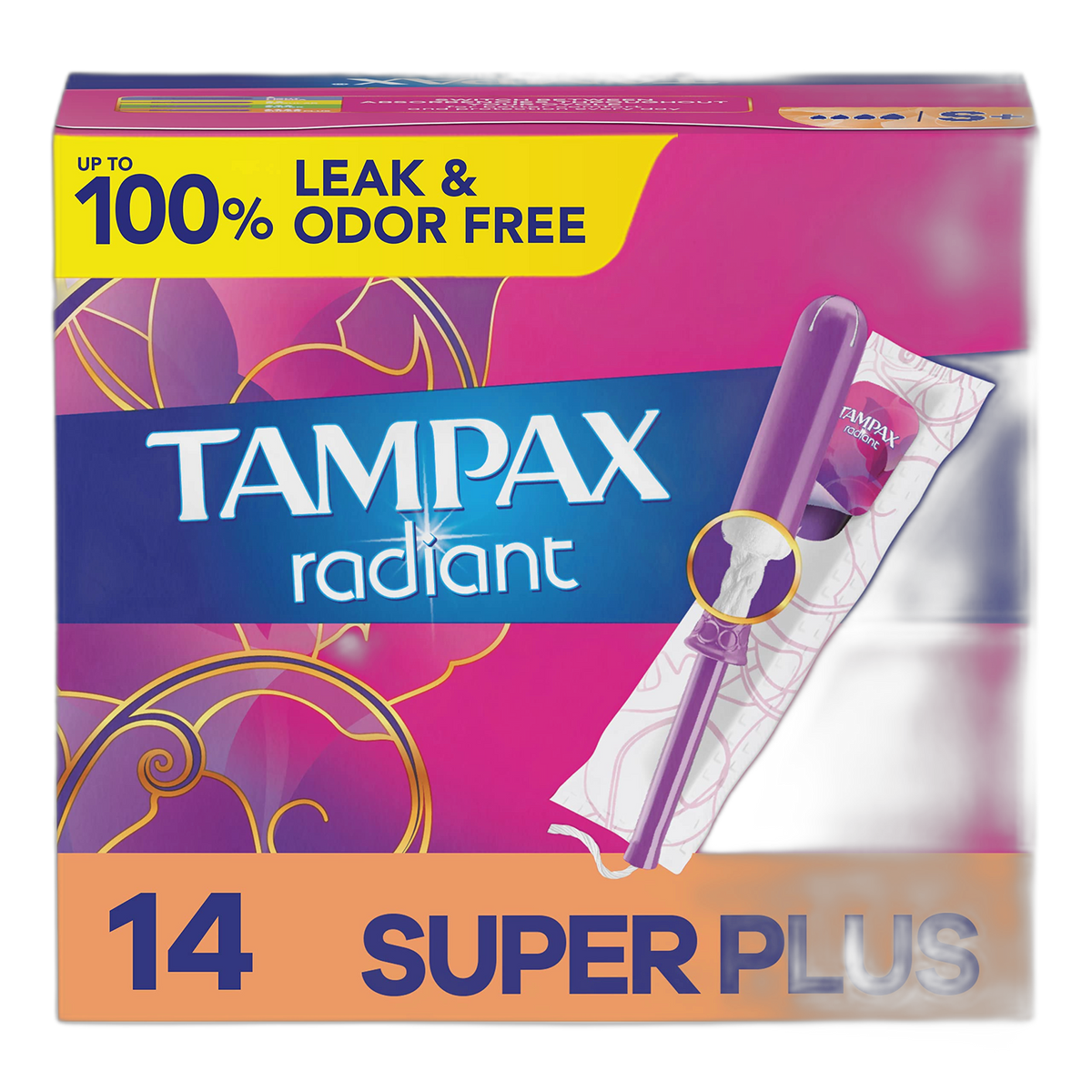 Tampax Radiant Tampons, Super Plus Absorbency, With Leakguard Braid, Unscented, 14 Count