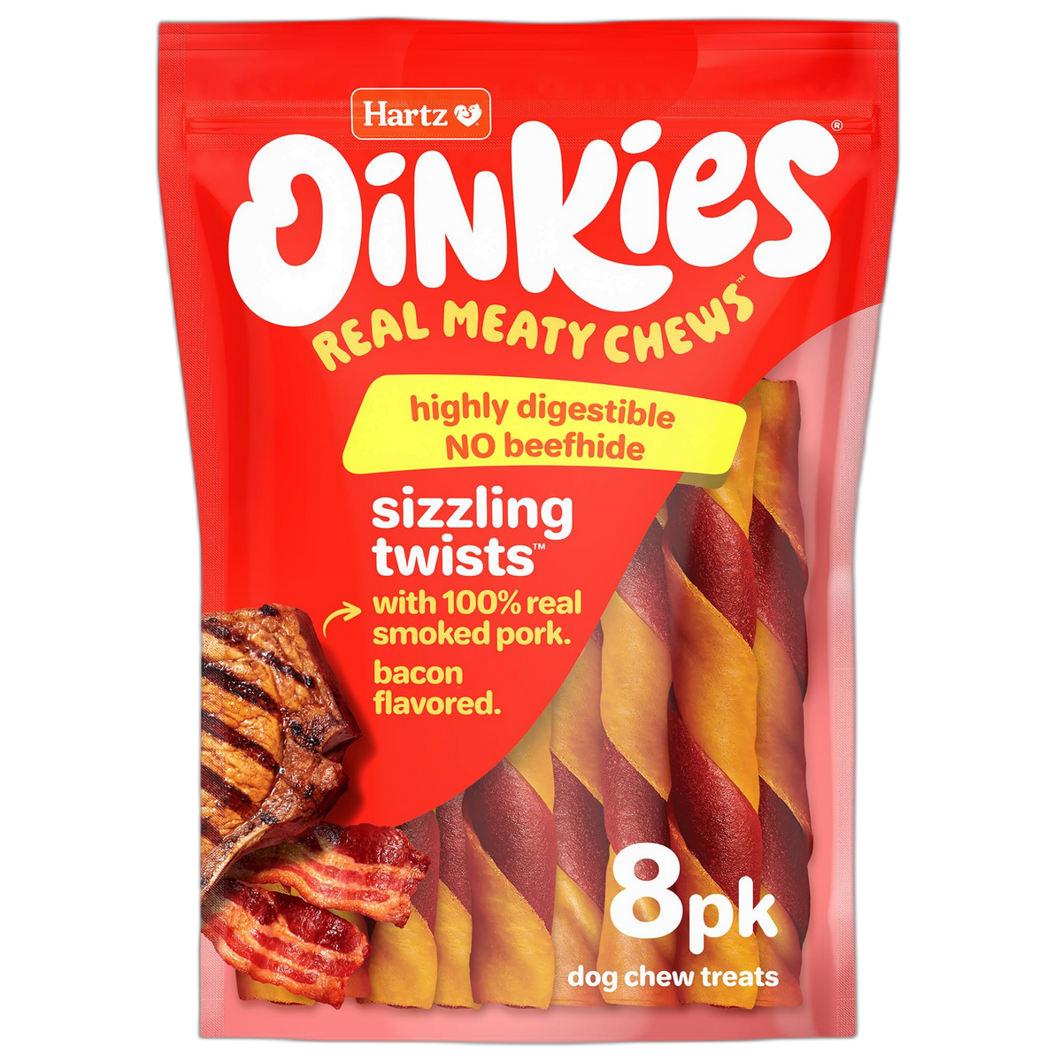 Hartz Oinkies Sizzling Twists Bacon Flavored Rawhide-Free Natural Chew Dog Treats, 8 count