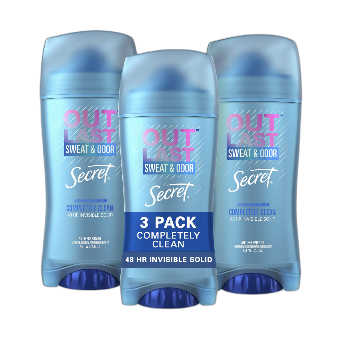 Secret Outlast Invisible Solid Antiperspirant Deodorant for Women, Completely Clean, 2.6 oz - 3 Pack
