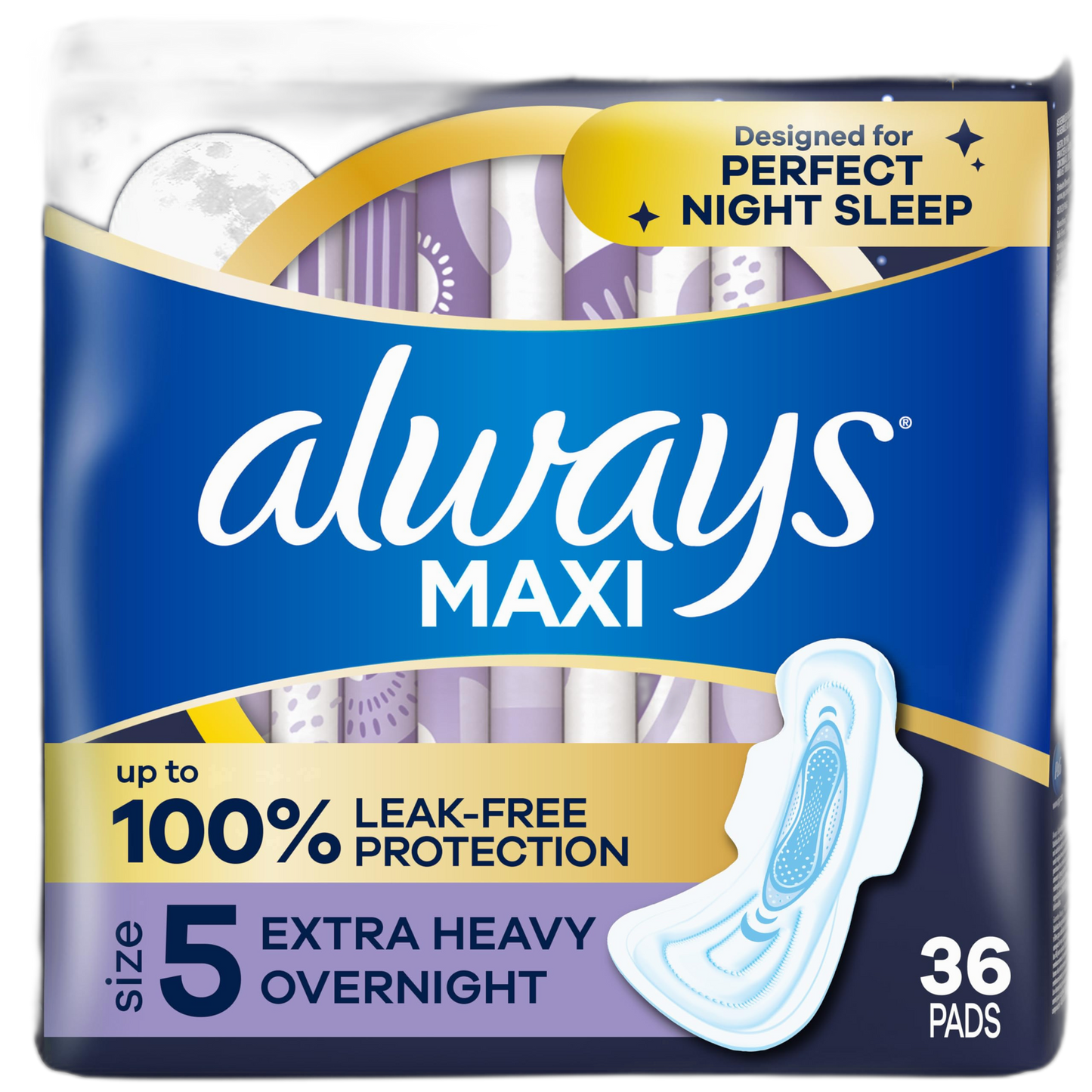 Always Maxi Overnight Pads with Wings for Women, Size 5, Extra Heavy Overnight Absorbency, Unscented, 36 Count (Packaging May Vary)