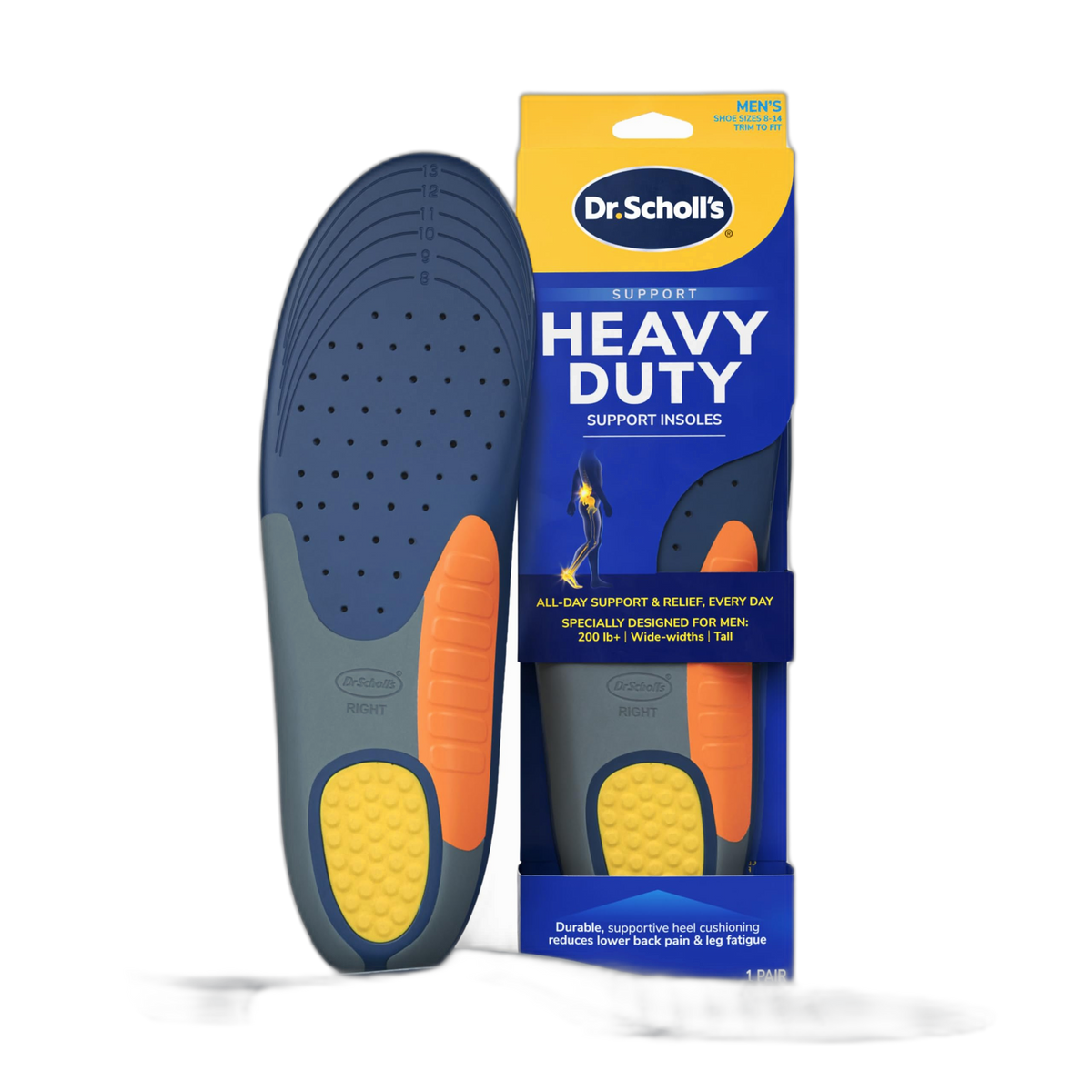 Dr. Scholl's Heavy Duty Support Insole Orthotics, Big & Tall, 200lbs+, Wide Feet, Shock Absorbing, Arch Support, Distributes Pressure, Trim to Fit Inserts, Work Boots & Shoes, Men Size 8-14, 1 Pair