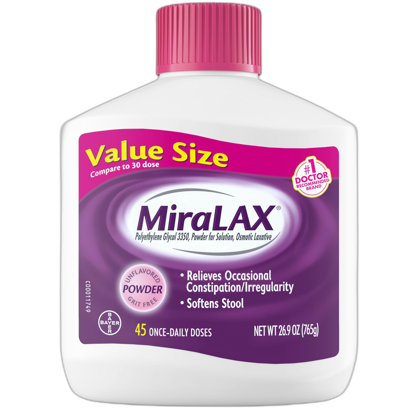 MiraLAX Gentle Constipation Relief Laxative Powder, Stool Softener with PEG 3350, Works Naturally with Water in Your Body, No Harsh Side Effects, Osmotic Laxative, 45 Dose