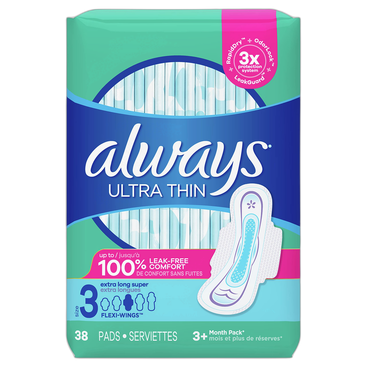 Always Ultra Thin Feminine Pads For Women, Size 3 Extra Long Super Absorbency, With Wings, Unscented, 38 Count