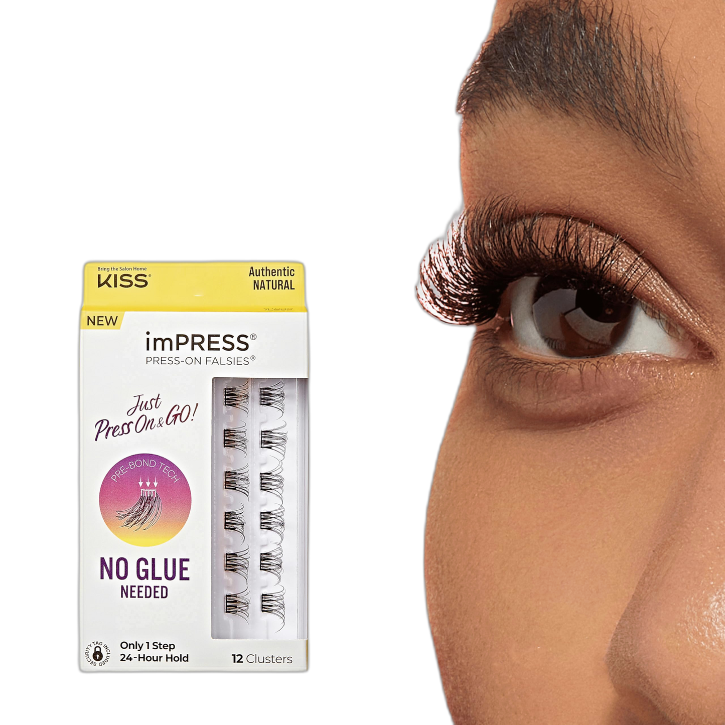 KISS imPRESS Falsies Press On Self Adhesive Eyelashes, 12mm-14mm Natural Volume Press On Lashes, Black, No Glue Needed, Invisible Band, 12 Lash Clusters - Authentic