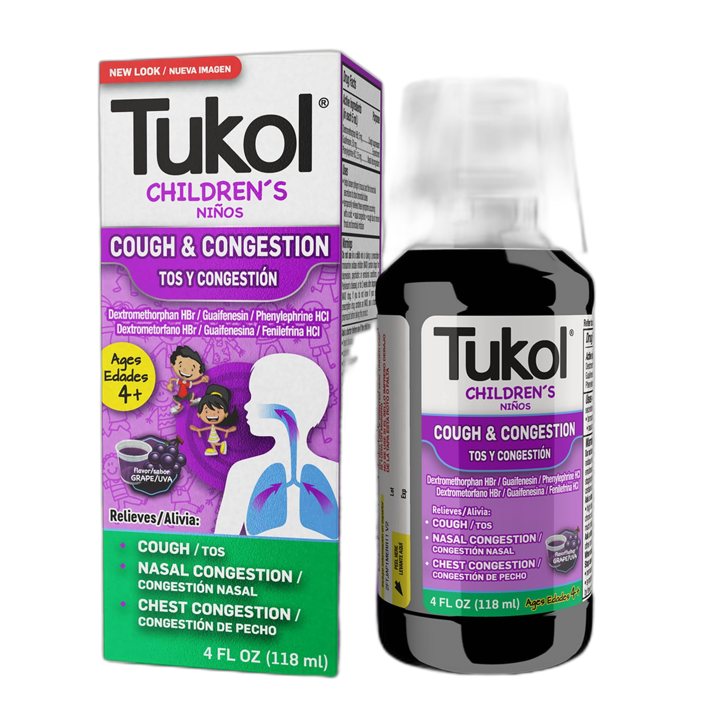 TUKOL Children's Cough Medicine - Cough & Congestion Relief, Chestal Cough Suppressant for Kids, Children's Cold and Cough Medicine, Kids Cough Syrup for Ages 4+ Grape Flavor 4 FL OZ