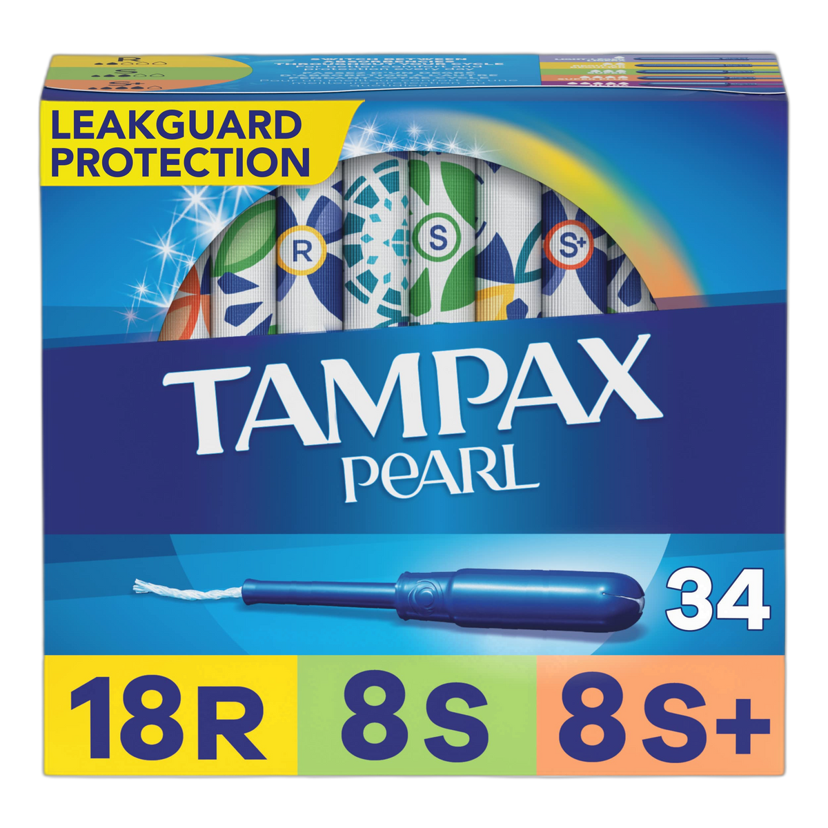 Tampax Pearl Tampons Multipack, Regular/Super Plus Absorbency, With Leakguard Braid, Unscented, 34 Count