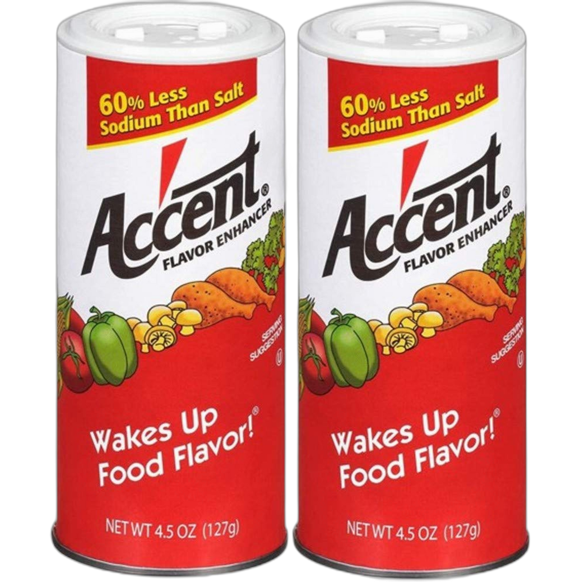 Ac'cent Flavor Enhancer 00054 All Natural 4.5 Oz. Wakes Up Food Flavor Canister (Pack of 2); Ideal for Meats, Poultry, Vegetables, Soups and Salads, Monosodium Glutamate Imparts an Umami Flavor