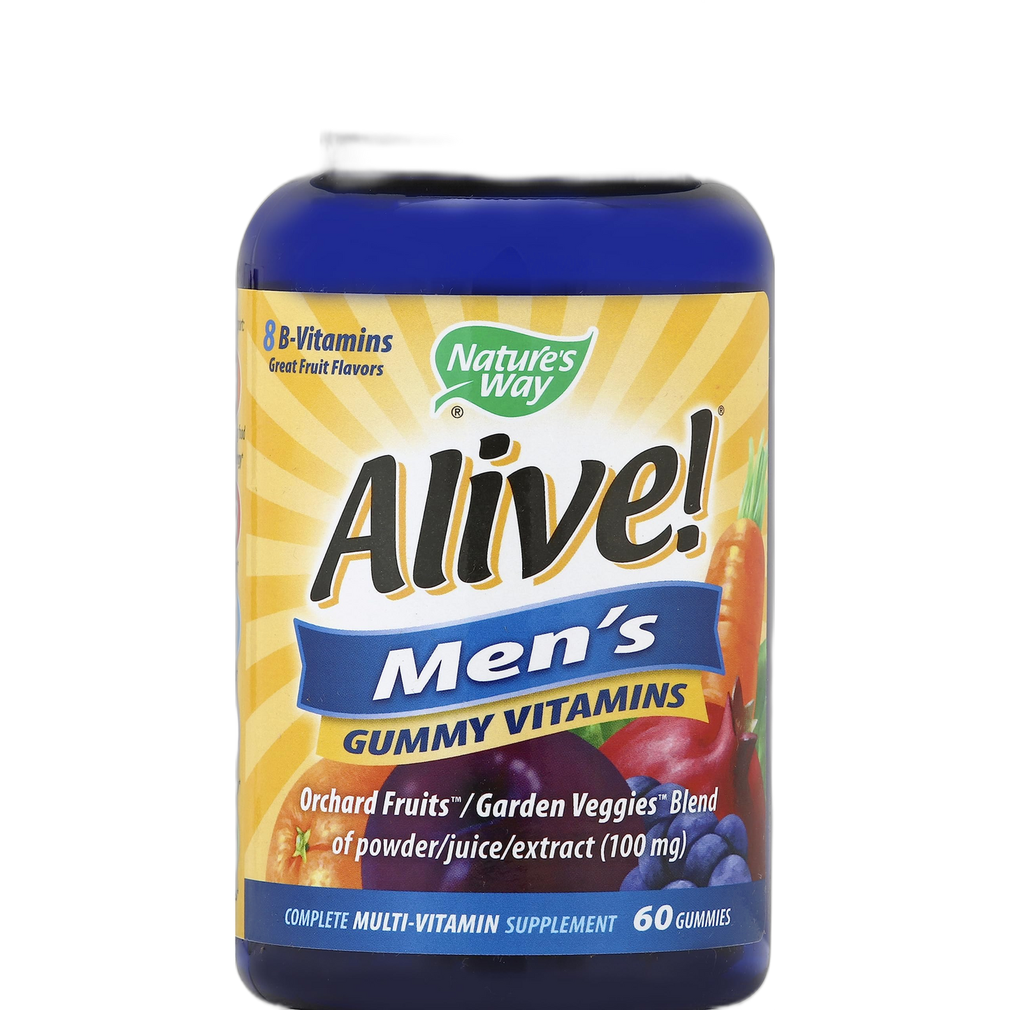 Alive! Men's Gummy Vitamin, Complete Multi-Vitamin Supplement with Orchard Fruits/Garden Veggies Blend of Powder/Juice/Extract, 60 Gummies.