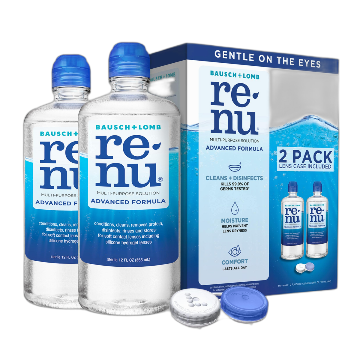 Renu Contact Lens Solution, Advanced Formula, Multi-Purpose Solution with Lens Case, Gently Cleans, Disinfects, Moisturizes & Hydrates Soft Lenses for All-Day Comfort, 12 Fl Oz (Pack of 2)