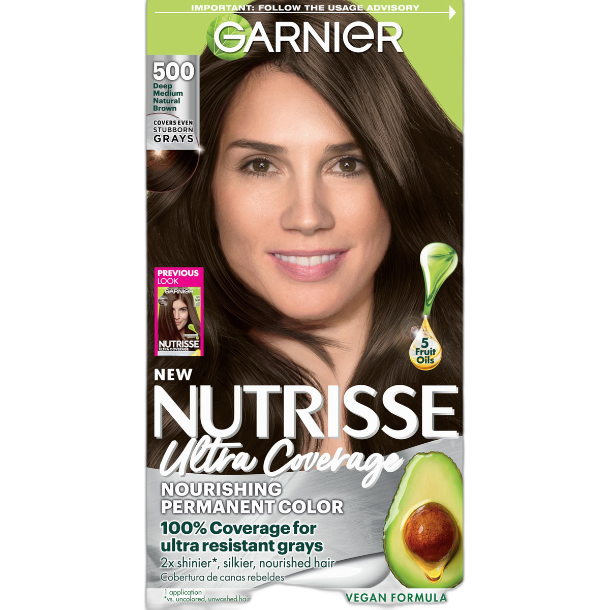 Garnier Hair Color Nutrisse Ultra Coverage Nourishing Creme, 500 Deep Medium Natural Brown (Glazed Walnut) Permanent Hair Dye, 1 Count (Packaging May Vary)