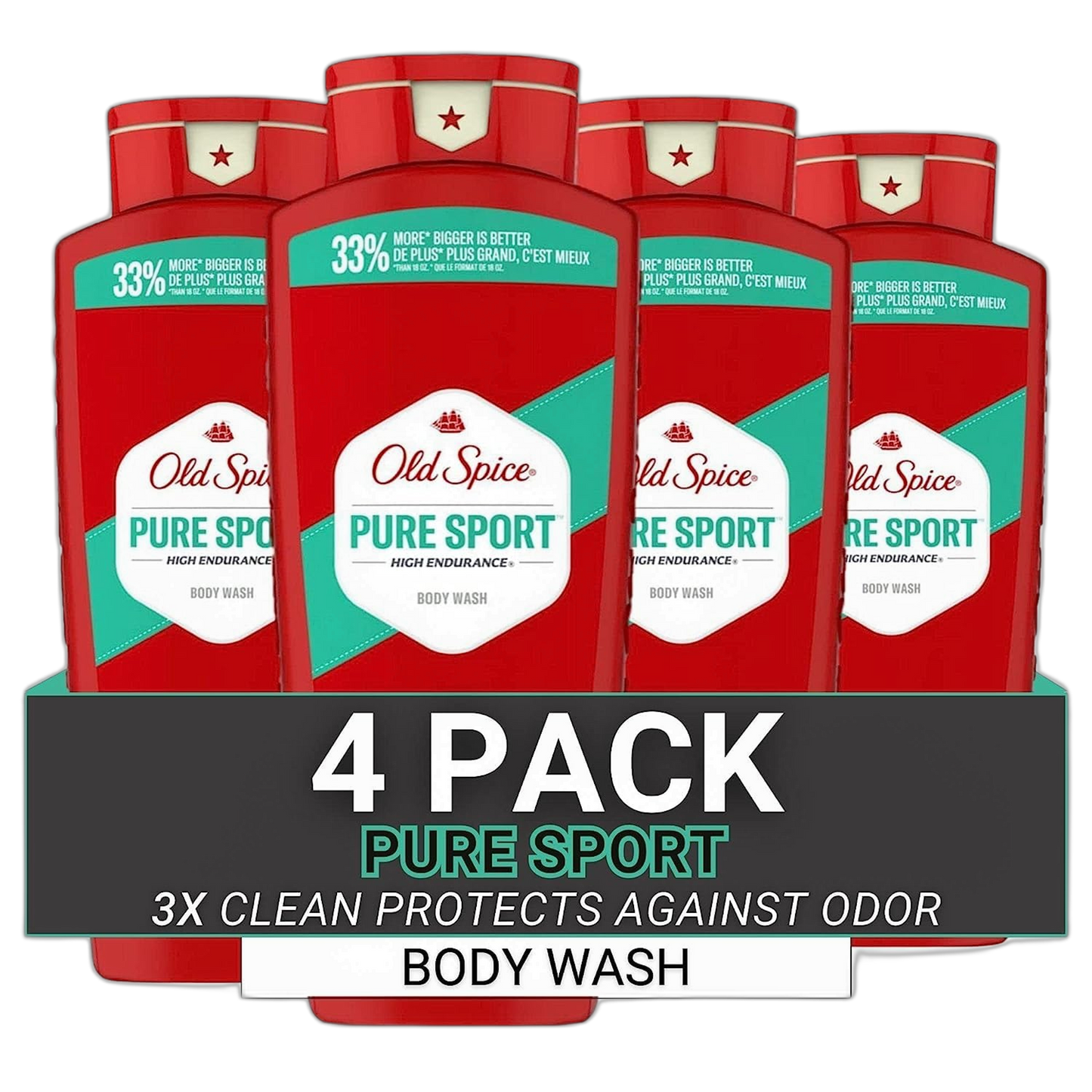 Old Spice Refreshing Body Wash for Men, High Endurance, 3X Defense, 24/7 Shower Fresh with Long Lasting Scent, Pure Sport Scent, 24 oz (Pack of 4)