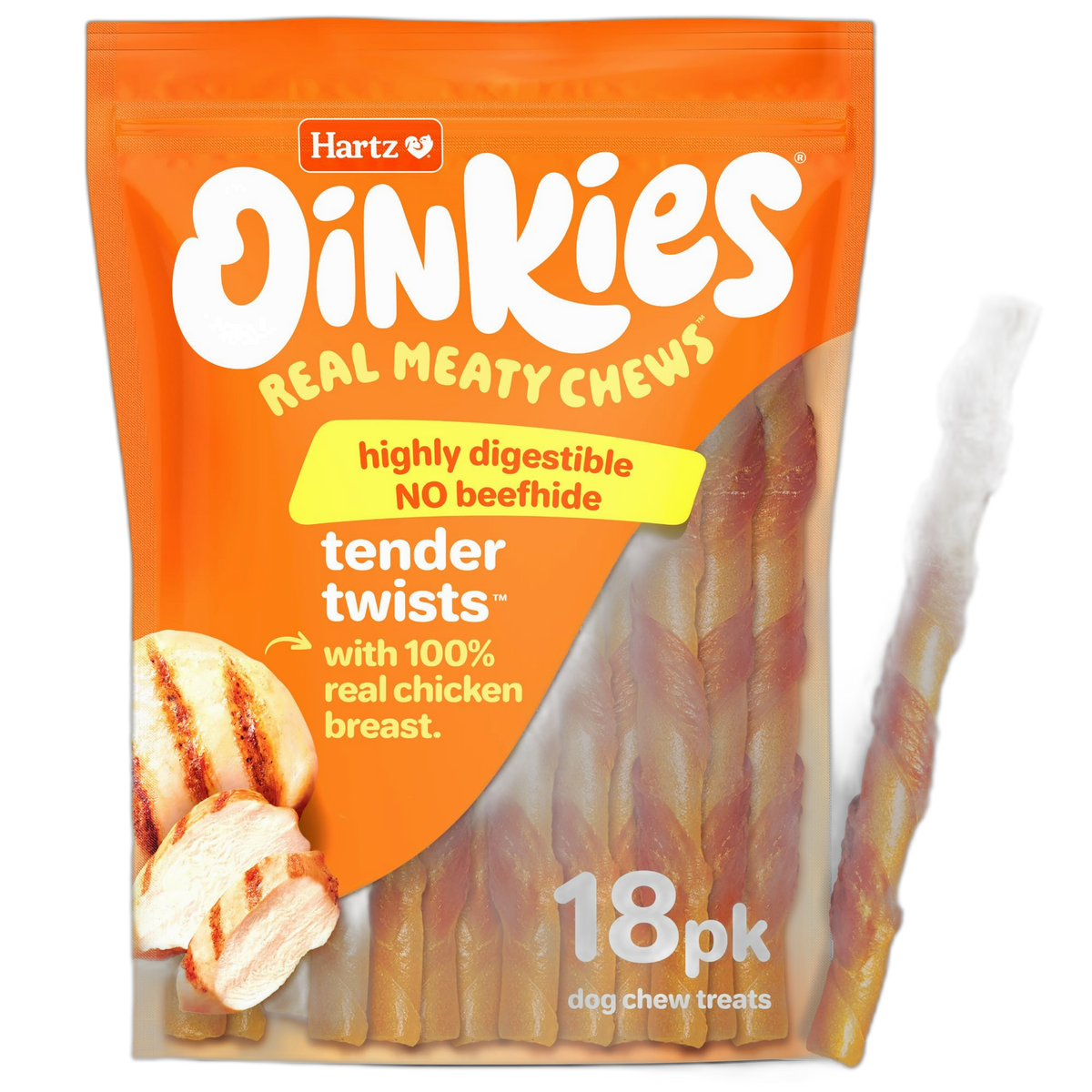 Hartz Oinkies Tender Twists with Real Chicken Breast Rawhide-Free Dog Treats, Highly Digestible Dog Chews, 18 Count