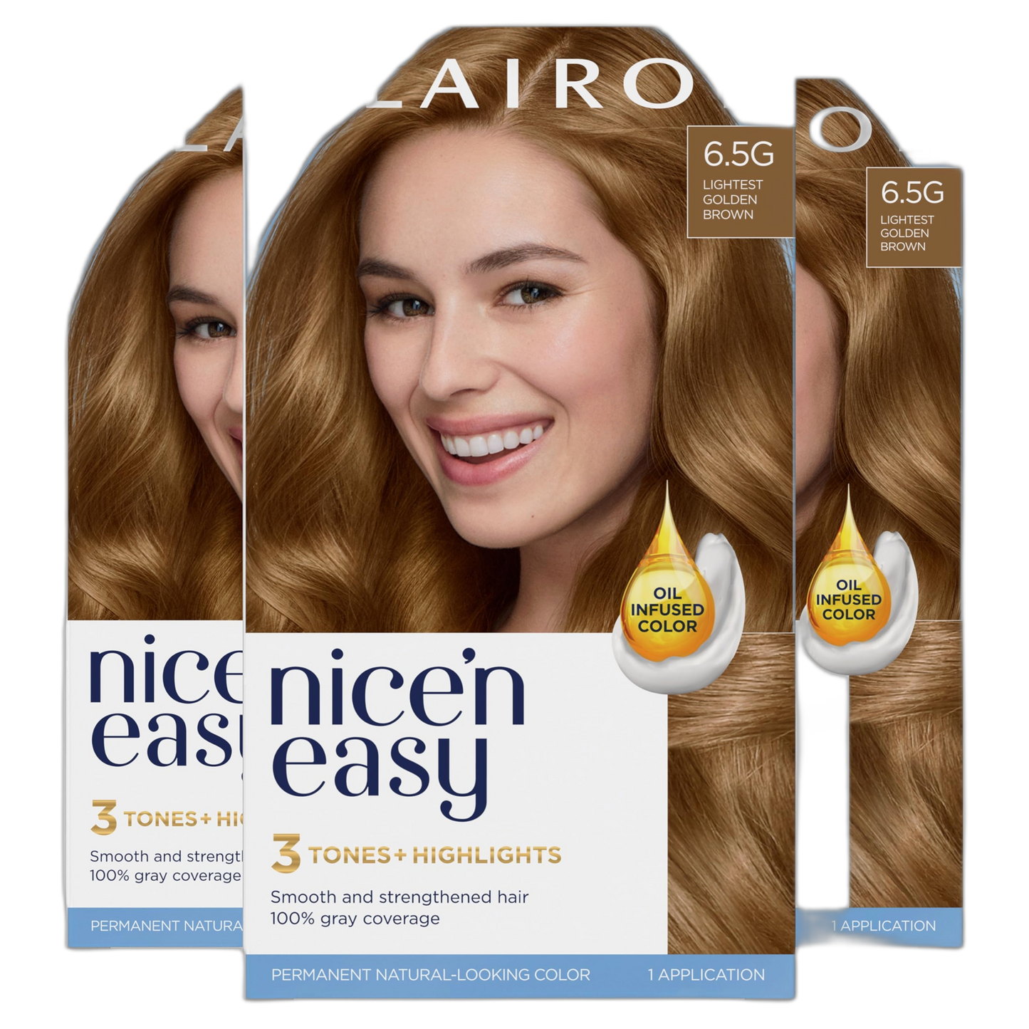 Clairol Nice'n Easy Permanent Hair Dye, 6.5G Lightest Golden Brown Hair Color, Pack of 3