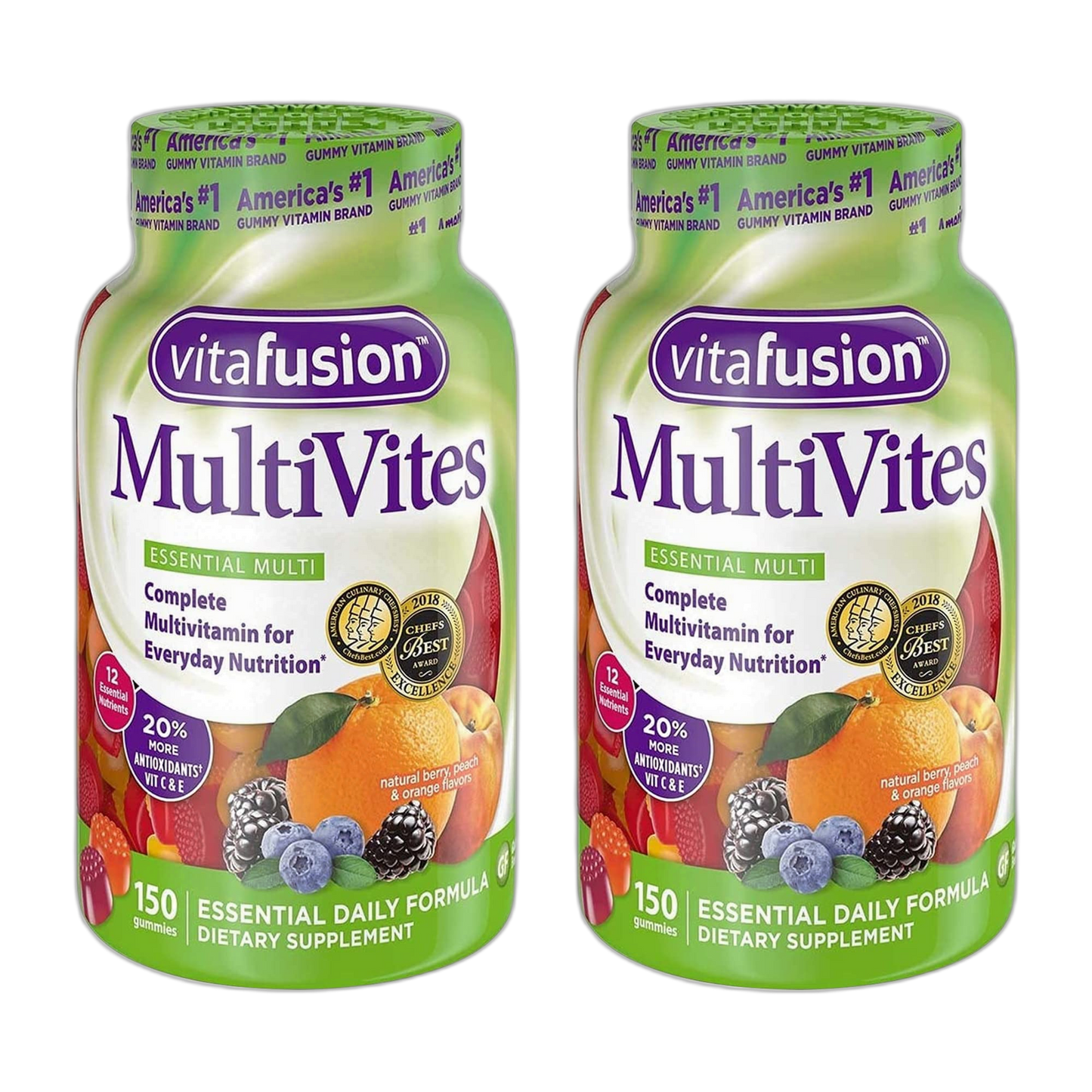 Vitafusion MultiVites Gummies Vitamins for Adults Berry, Peach and Orange - 150 ct, Pack of 2