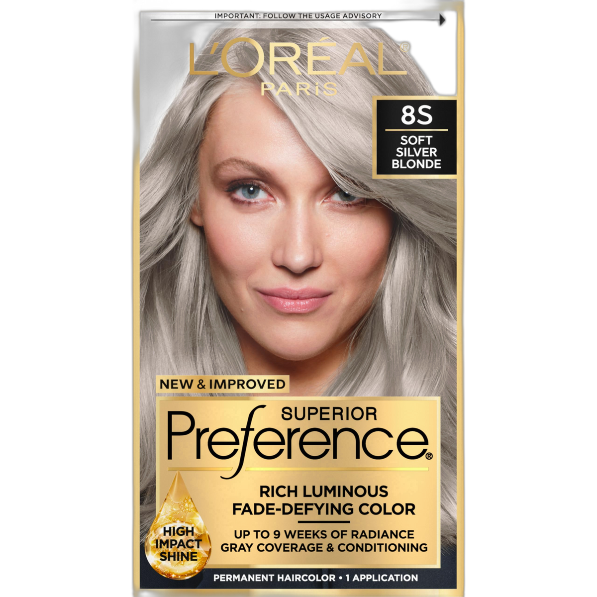 L'Oreal Paris Superior Preference Luminous Fade-Defying Permanent Hair Color, Hair Dye For Up to 9 Weeks of Radiance, Light Silver Blonde 8S, 1 Hair Dye Kit