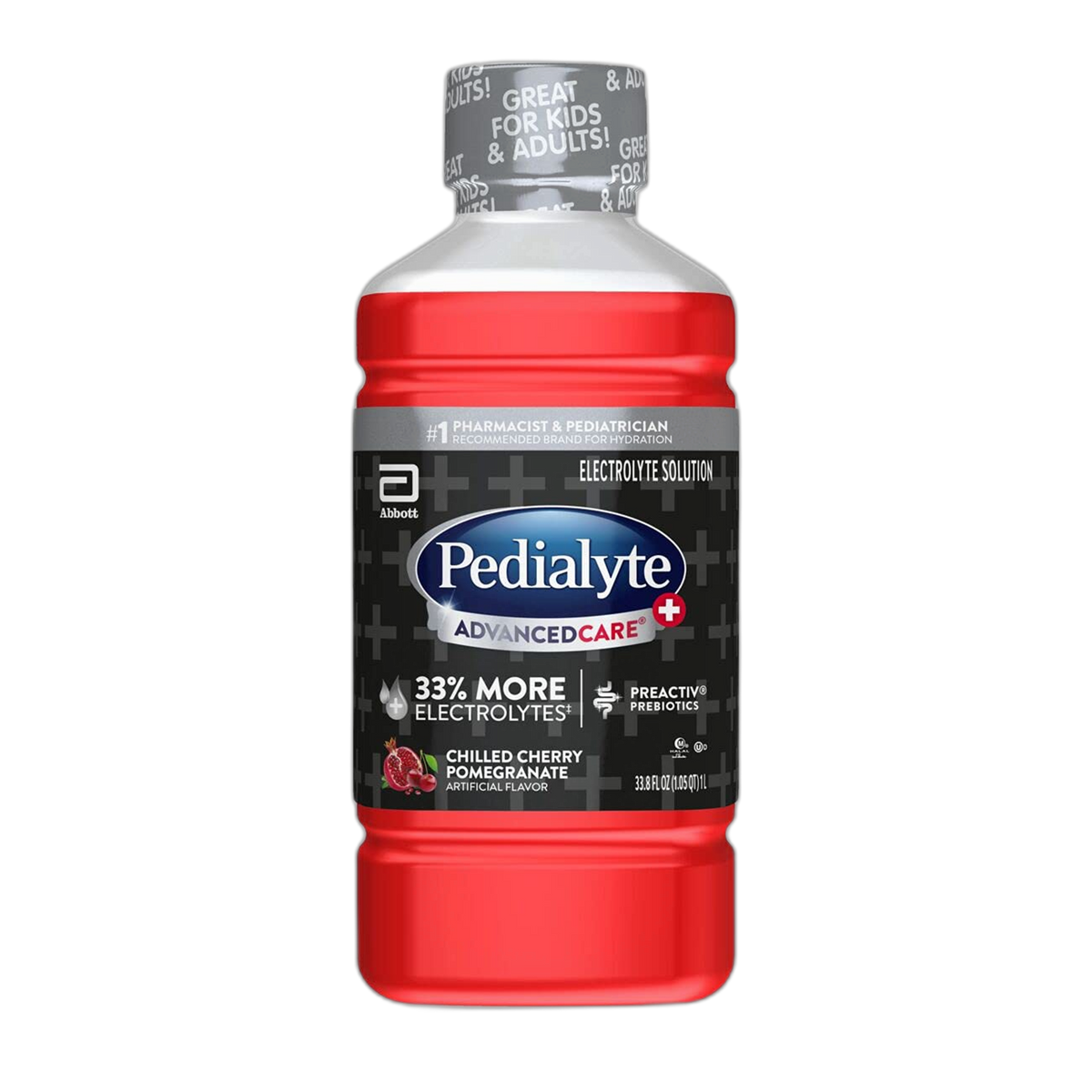 Pedialyte AdvancedCare Plus Electrolyte Hydration Drink, Has 33% More Electrolytes and Has PreActiv Prebiotics, Chilled Cherry Pomegranate, 1 Liter