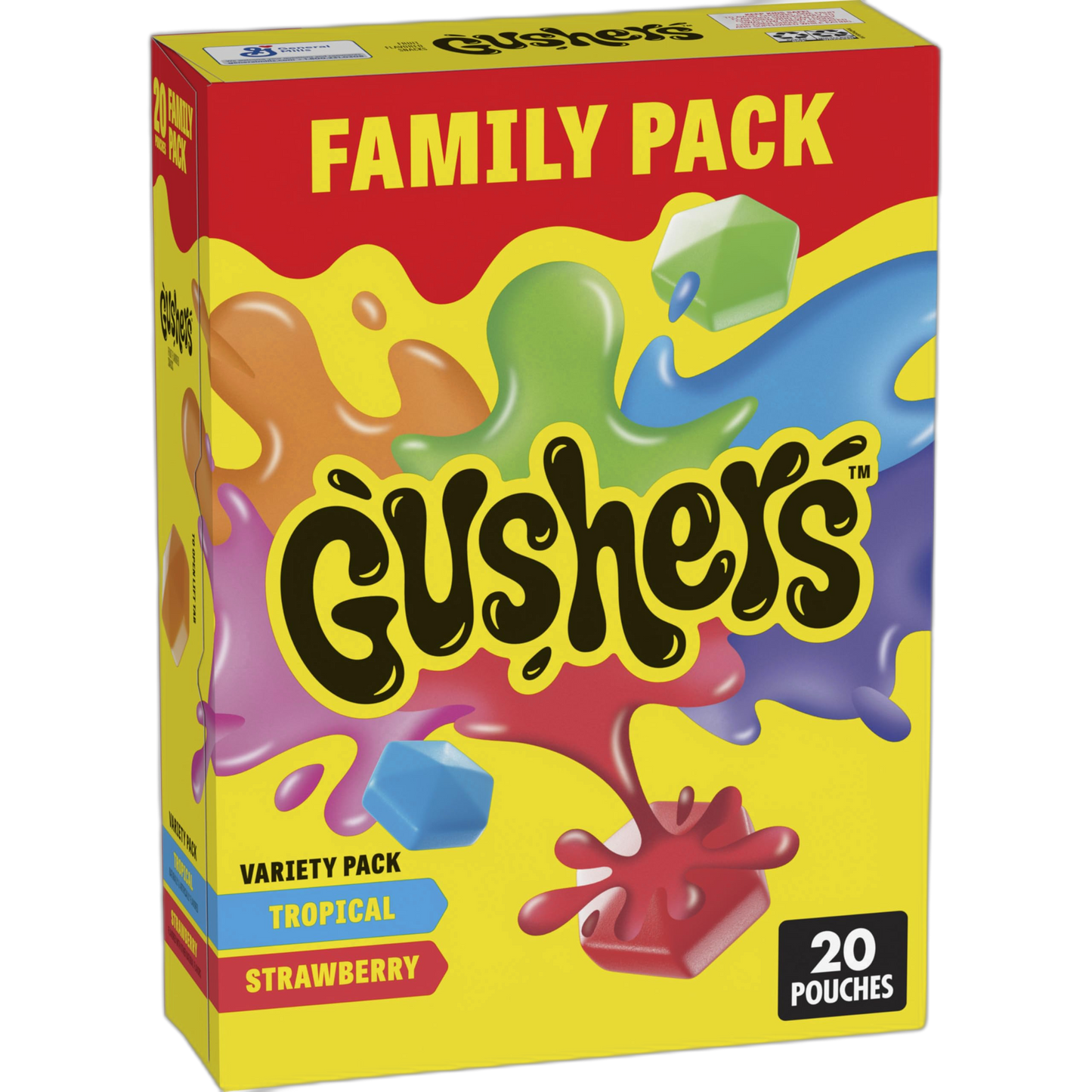 Gushers Fruit Flavored Snacks Family Pack, Tropical & Strawberry Flavors, Gluten Free Gummy Kids Snack, Bursting Juicy Center, Vitamin C Source, Individually Wrapped, Bulk Box, 20 Pouches, 16 oz Total