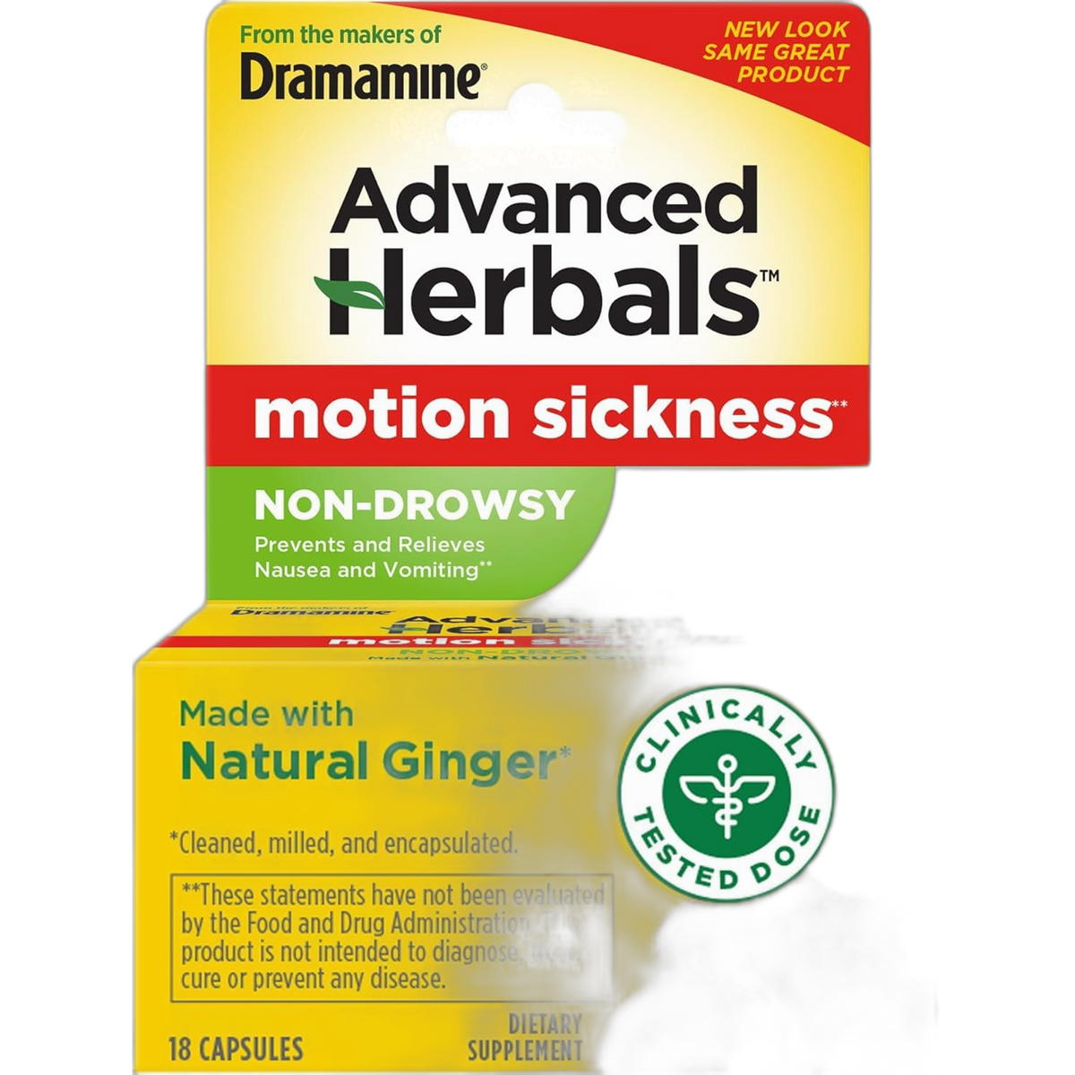 Dramamine Advanced Herbals Non-Drowsy Motion Sickness Relief Caplets, 18 Count (Pack of 3)
