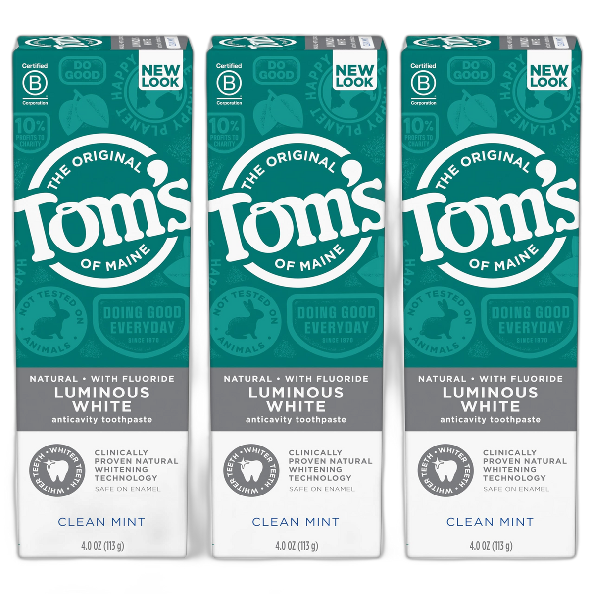 Tom's of Maine Natural Luminous White Toothpaste with Fluoride, Clean Mint, 4.0 oz. 3-Pack