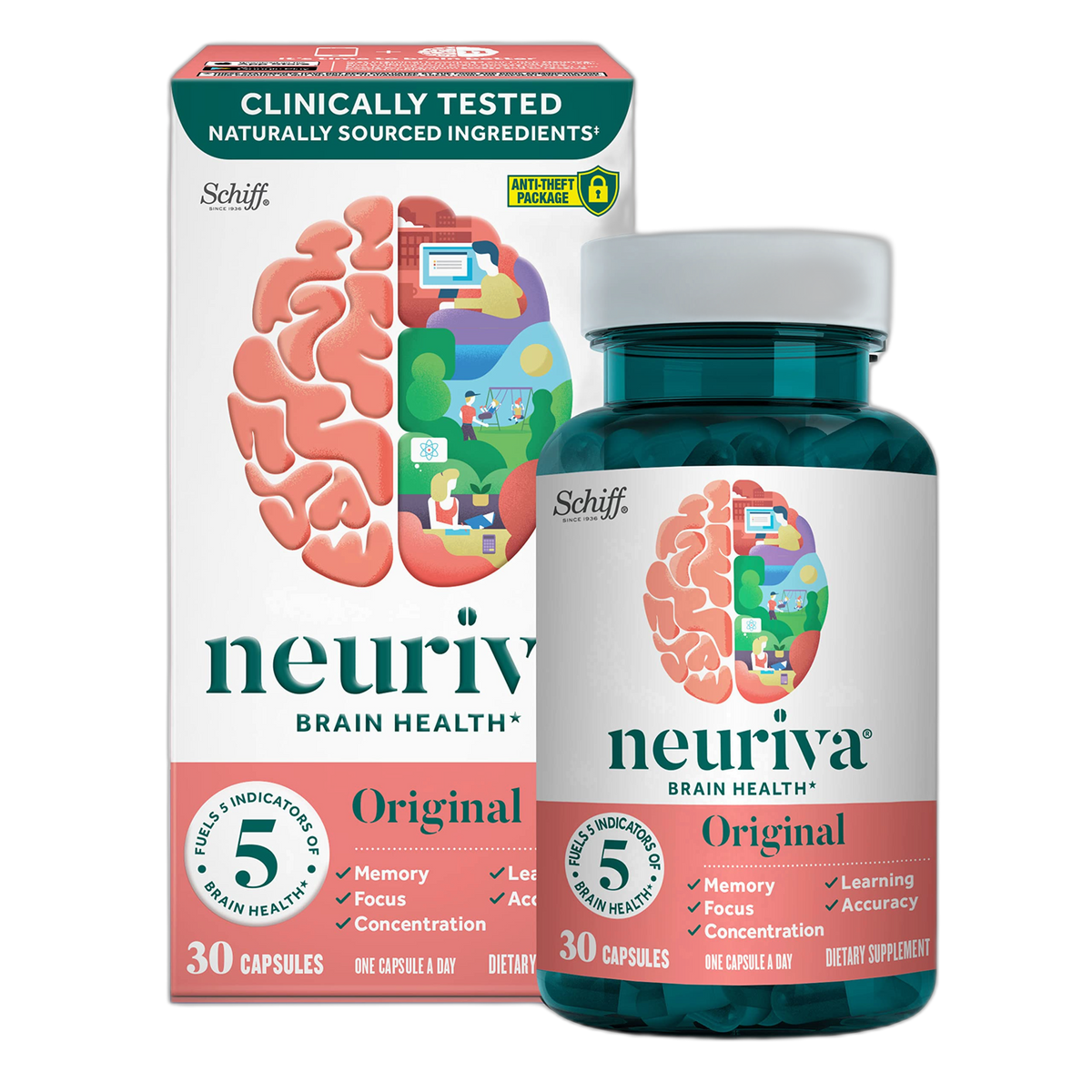 NEURIVA Original Brain Supplement for Memory, Focus & Concentration + Learning & Accuracy with Clinically Tested Nootropics Phosphatidylserine and Neurofactor, Caffeine Free, 30ct Capsules