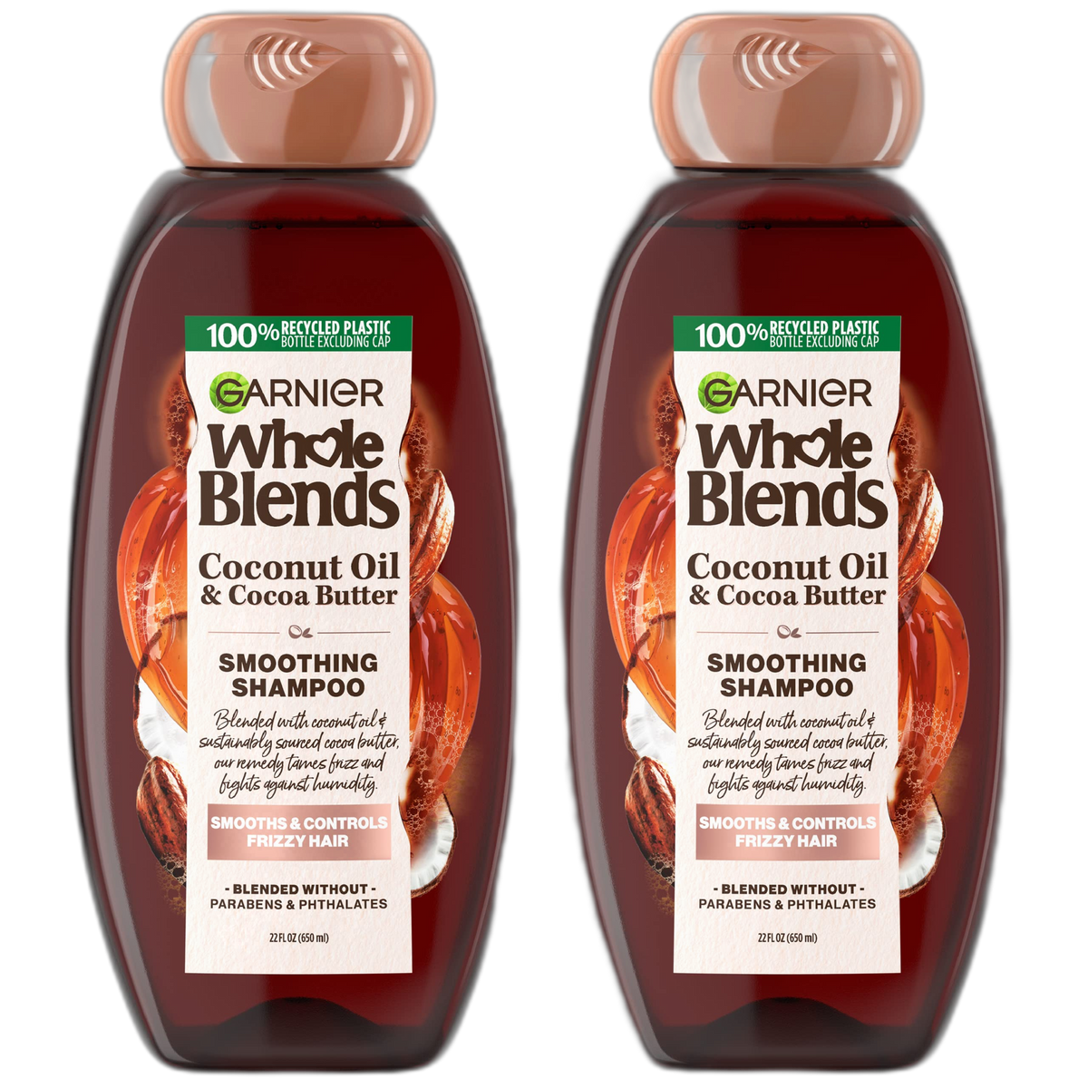 Garnier Whole Blends Coconut Oil & Cocoa Butter Smoothing Shampoo for Frizzy Hair, 22 Fl Oz, 2 Count (Packaging May Vary)