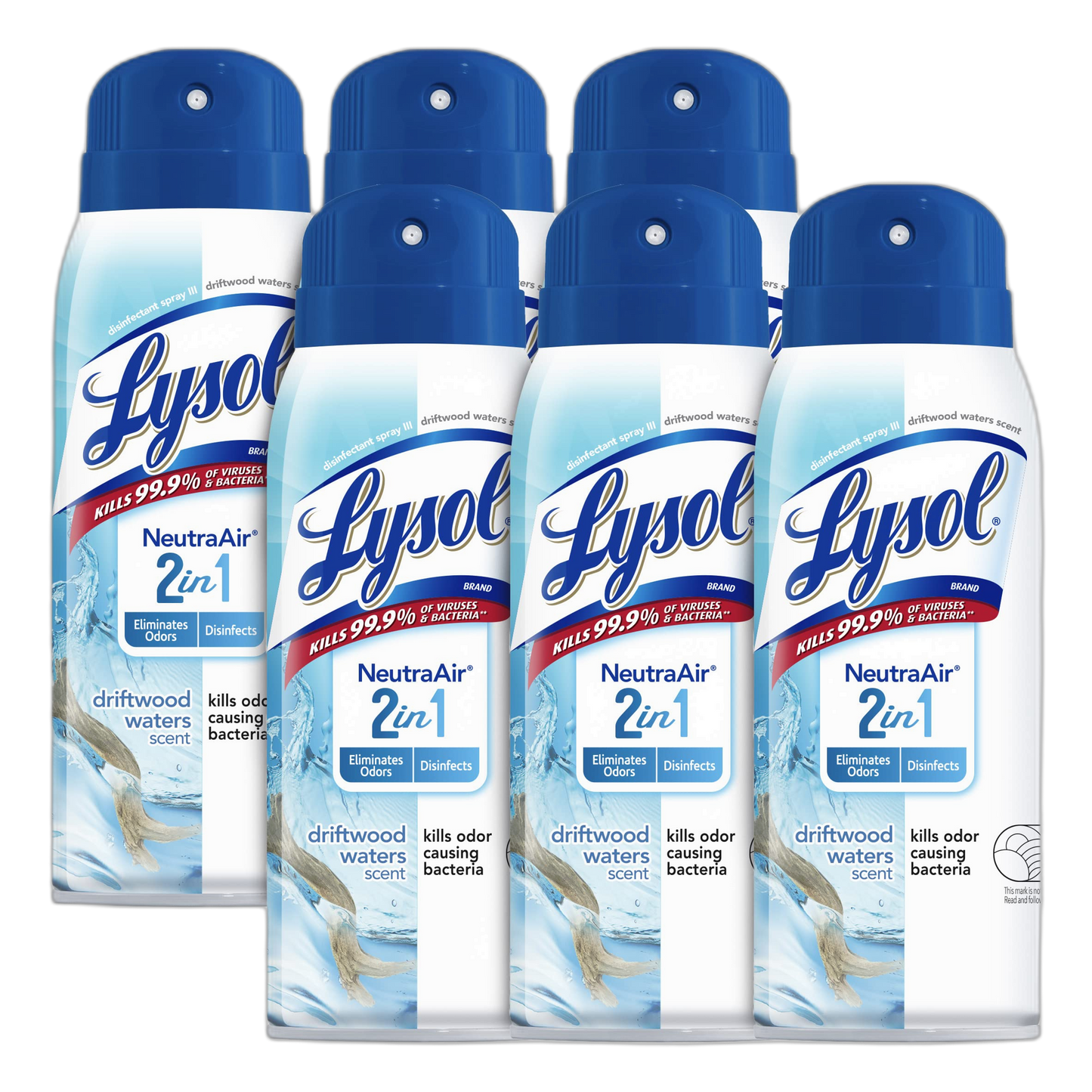 Lysol Neutra Air 2 in 1, Disinfectant Spray, Eliminates Odor, Driftwood Waters, 6 Pack (6x10 oz), Air Freshener