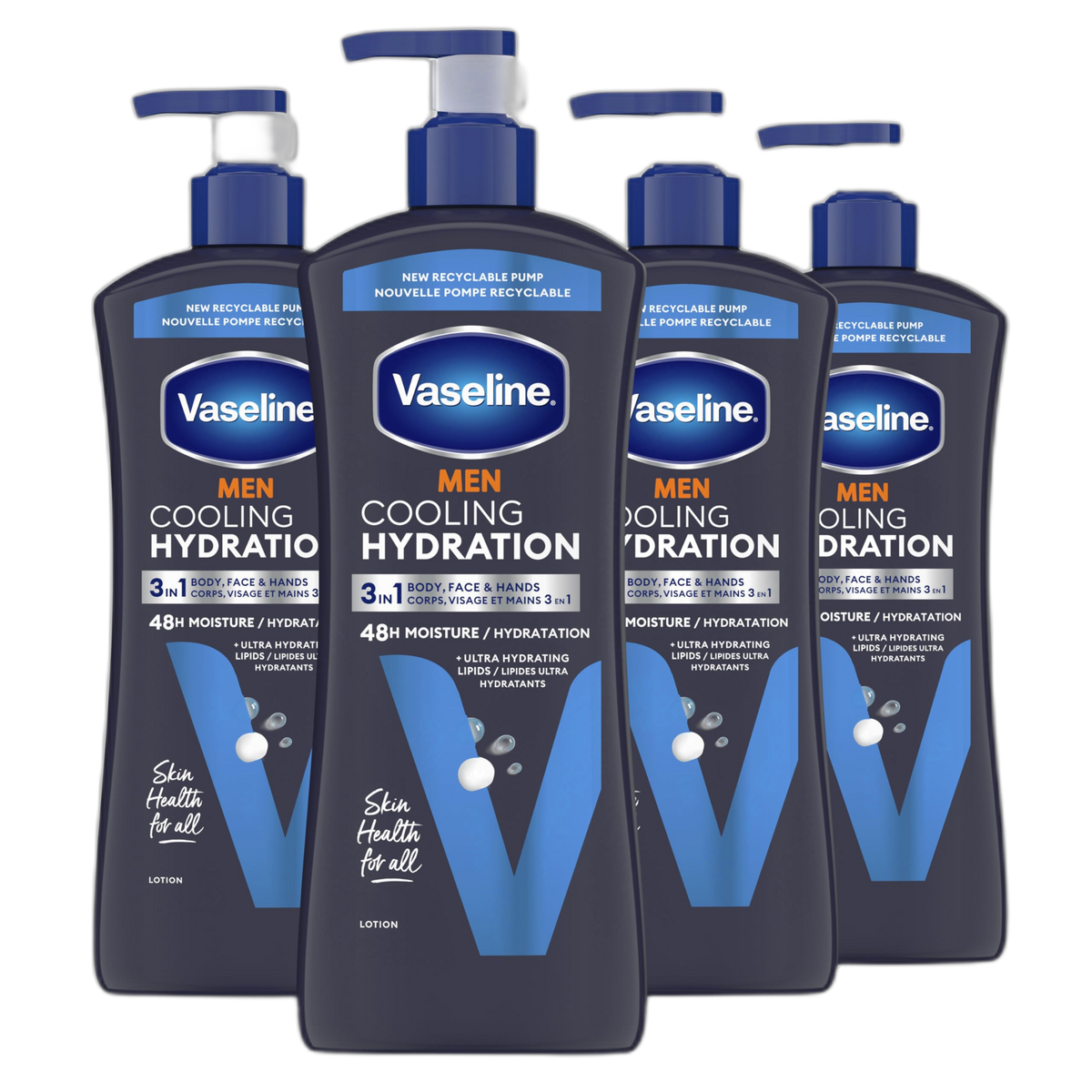 Vaseline Men Cooling Hydration 3-in-1 4 Pack for Dry Skin Face, Hands & Body Lotion for Men with Menthol & Ultra-Hydrating Lipids 20.3 oz