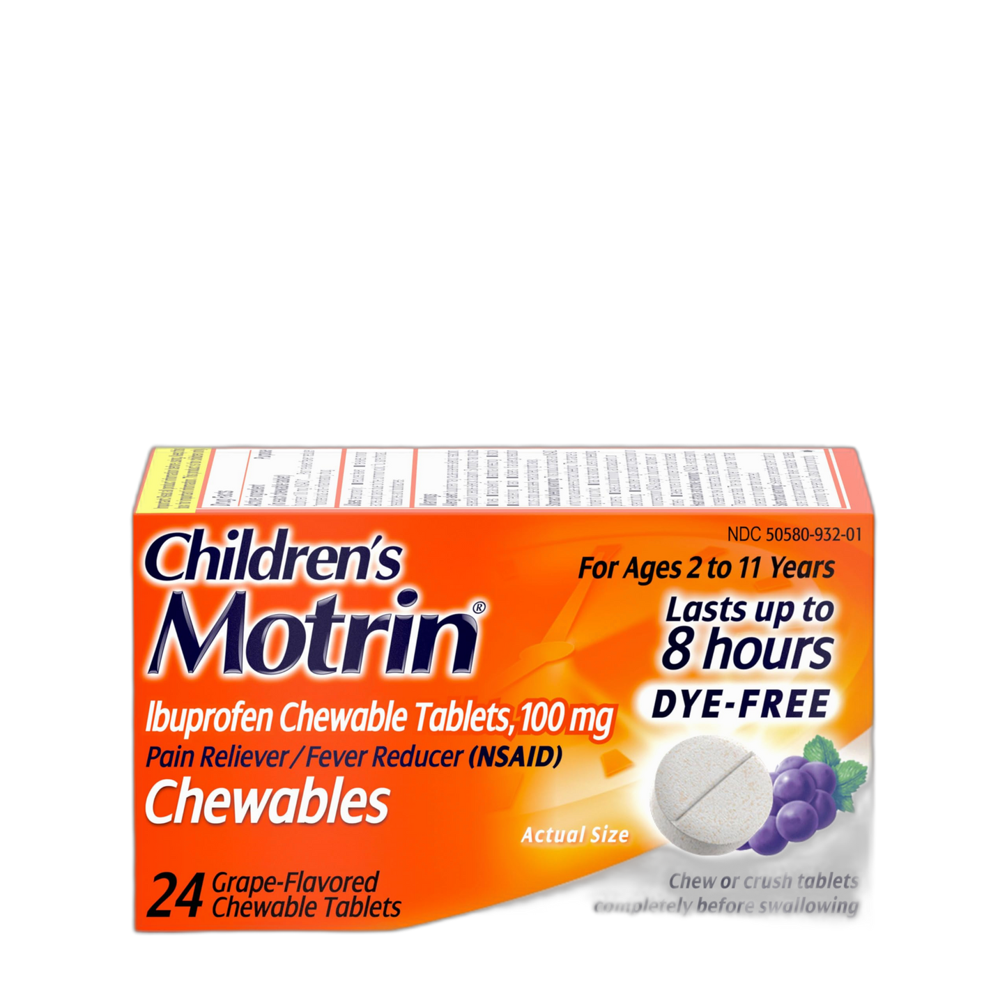 Children's Motrin Dye-Free Chewable Tablets with Ibuprofen, Kids' Fever Reducer & Pain Reliever for Sore Throat, Fever, Toothache & Pain Relief, Grape Flavor, 24 ct