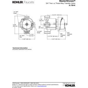KOHLER 728-K-NA MasterShower 3/4" 2- or 3-Way Transfer Valve, Shower Valve, Single-Handle Operation, One 3/4" NPT Inlett Connection and three 1/2" NPT Outlet Conncections