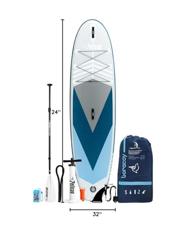 Pelican Boracay Premium Inflatable Stand Up Paddle Board - 3 Pieces SUP Paddle - Accessories, Leash, Hand Pump & Carry Bag - 10.4 ft - White/Blue