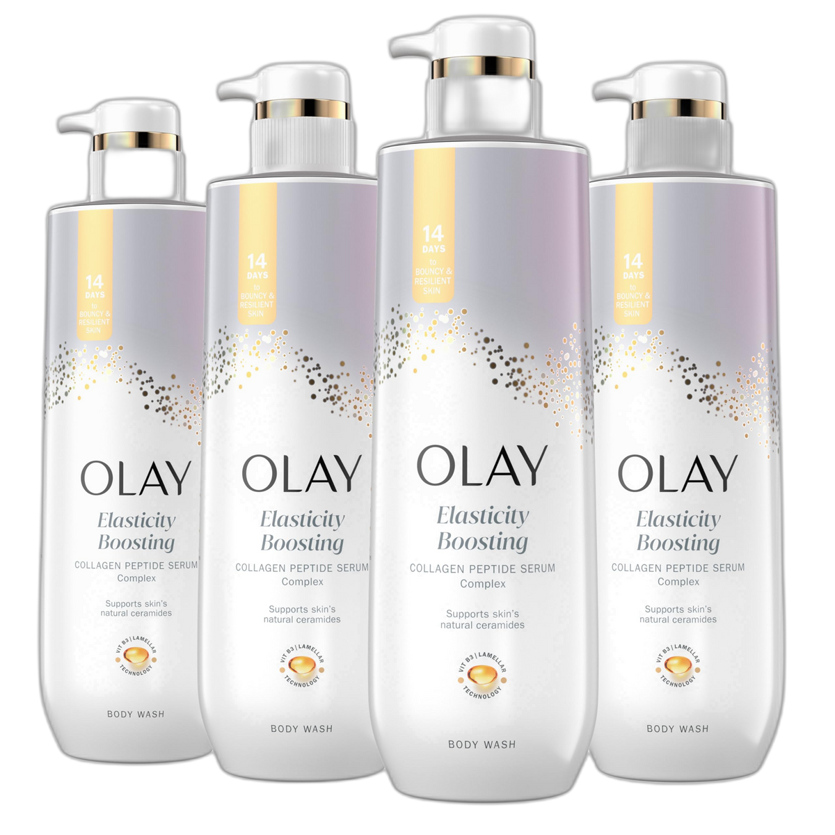 Olay Body Wash for Women, Elasticity Boosting, Collagen Peptide Serum Complex, Renews Moisture, Free of Parabens & Phthalates, Vitamin B3 Lameller Technology, For All Skin Types, 20 fl oz (Pack of 4)