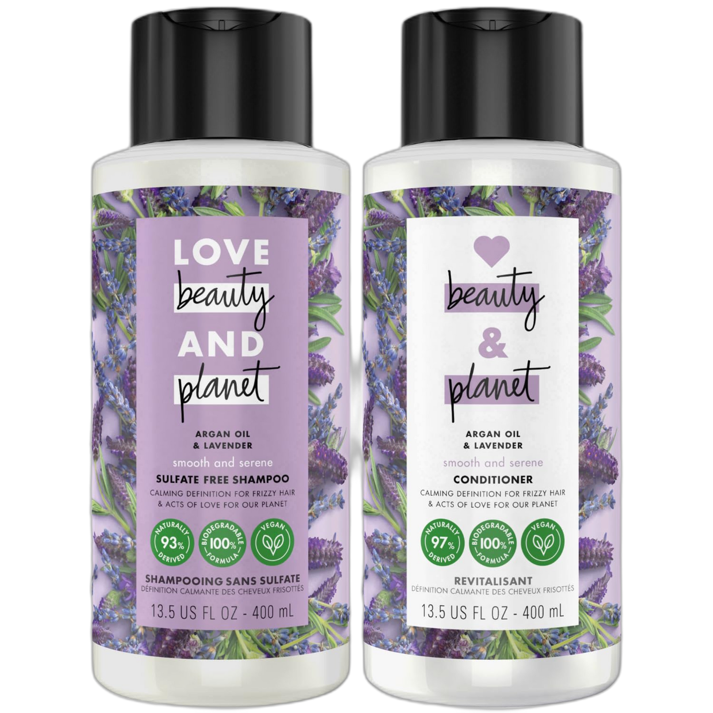 Love Beauty Planet Shampoo and Conditioner, Argan Oil & Lavender, Smooth & Serene - Sulfate-Free Shampoo & Conditioner, Frizz Control, Hair Smoothing, Scented, 13.5 Oz (2 Piece Set)