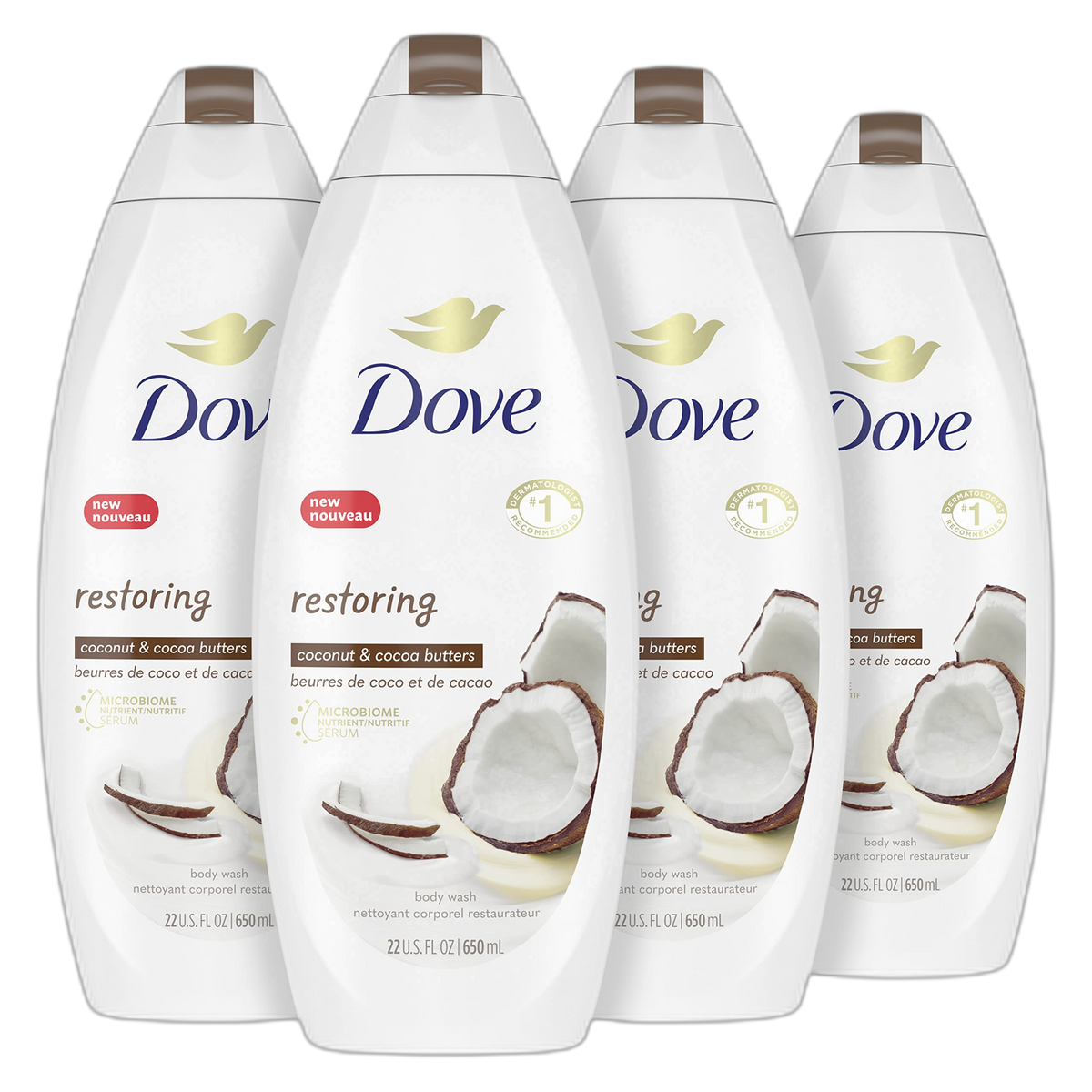 Dove Purely Pampering Body Wash for Dry Skin Coconut Butter and Cocoa Butter Effectively Washes Away Bacteria While Nourishing Your Skin 22 oz 4 count