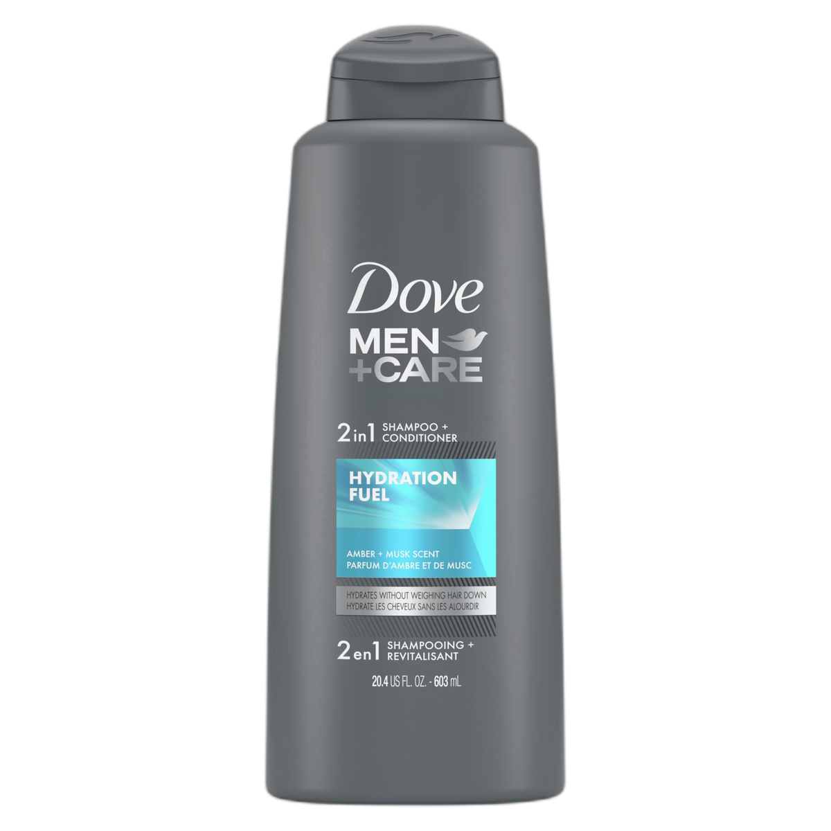 Dove Men+Care, 2 in 1 Shampoo + Conditioner, Hydration Fuel, Amber + Musk, 20.4 fl oz (603 ml)