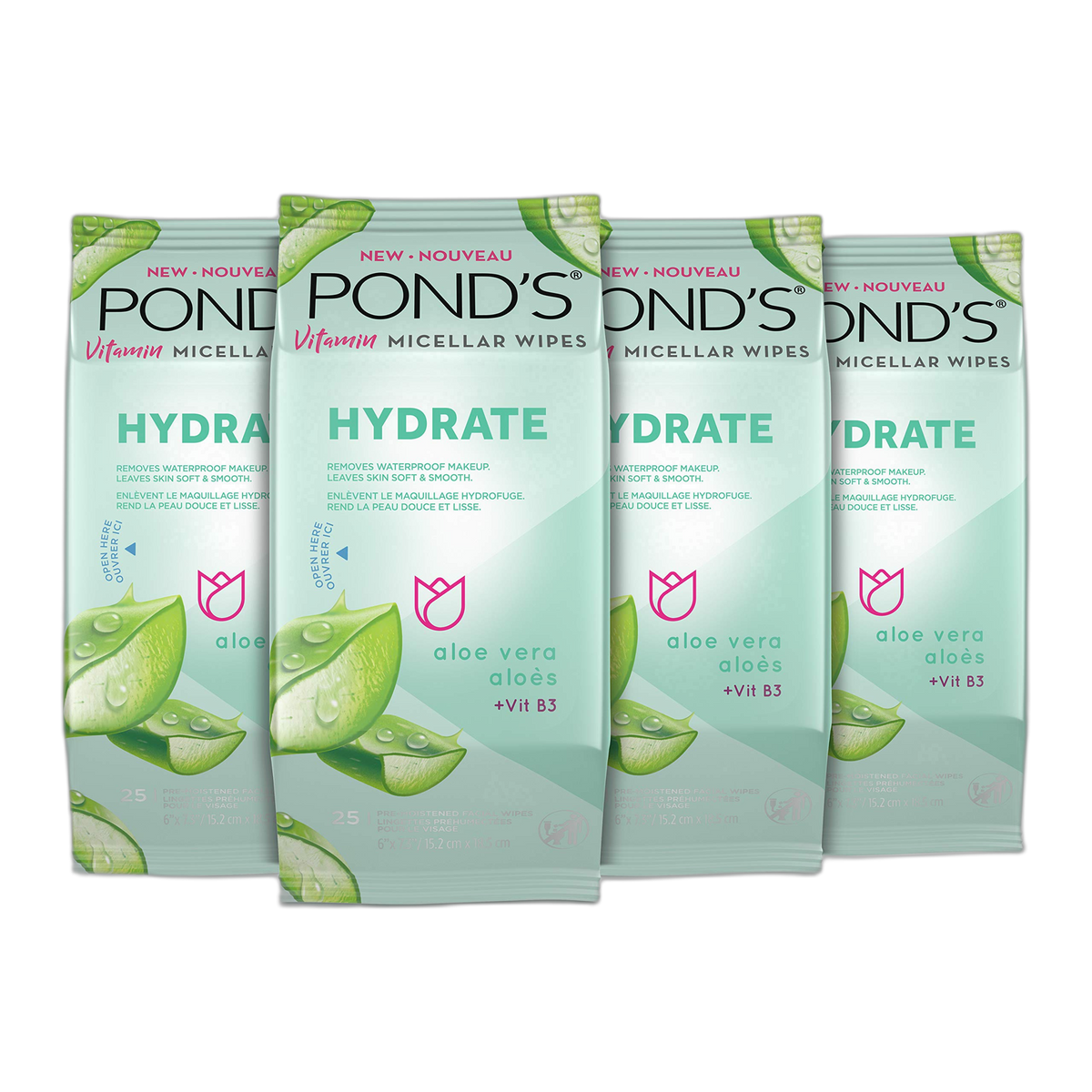 POND'S Vitamin Micellar Makeup Remover Wipes for Dry Skin, Skin Care Hydrating Aloe Vera Daily Face Wipes Remove Dirt, Waterproof Makeup, 25 Count, 4 Pack