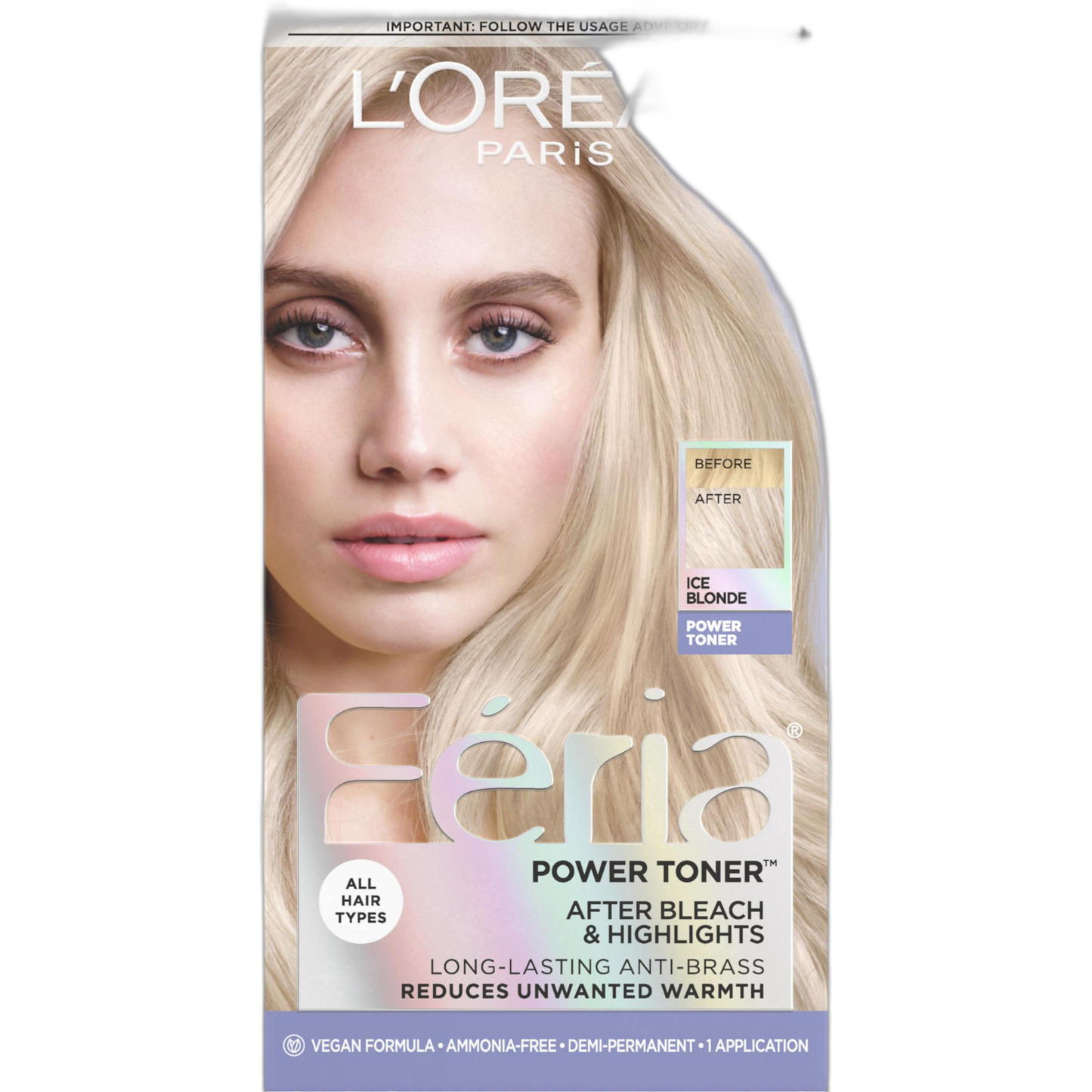L'Oreal Paris Feria Long-Lasting Anti Brass Power Hair Toner, Ammonia Free Demi Permanent Hair Color, Ice Blonde Hair Toner, 1 Application