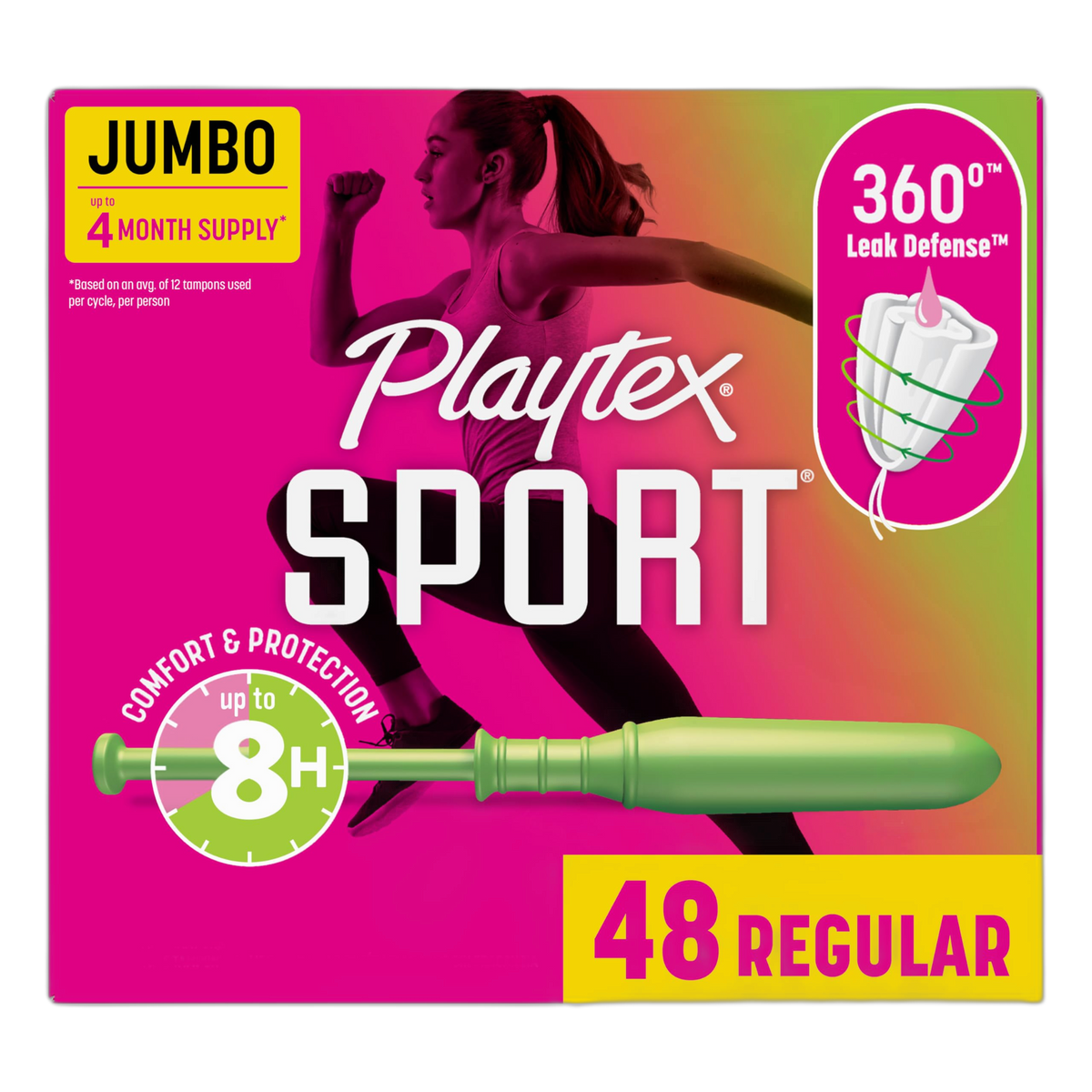 Playtex Sport Tampons Regular Absorbency, Fragrance-Free - 48ct | Regular Tampons for Women, Feminine Care, Playtex Tampon with 360 Leak Defense