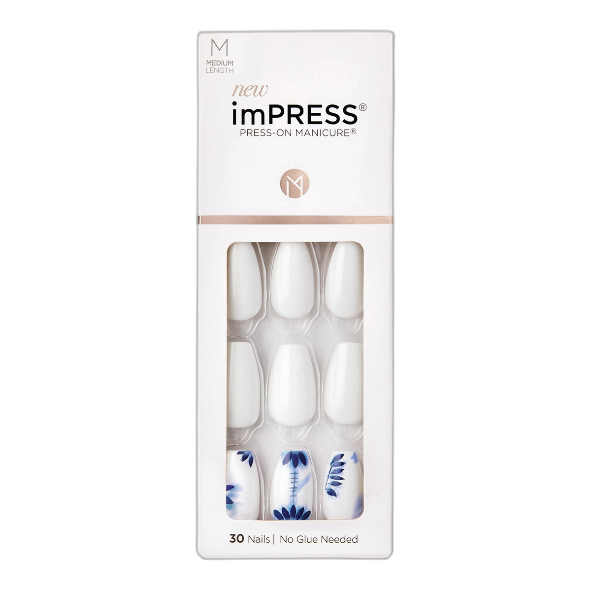 KISS imPRESS No Glue Mani Press On Nails, Design, 'Tye Dye', White, Medium Size, Coffin Shape, Includes 30 Nails, Prep Pad, Instructions Sheet, 1 Manicure Stick, 1 Mini File