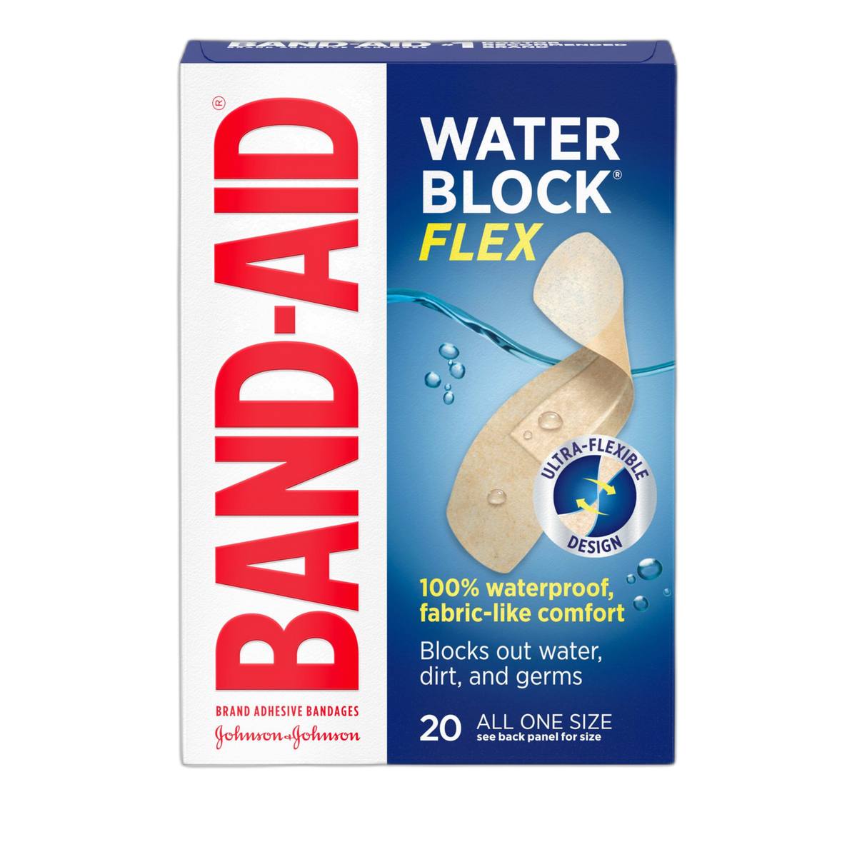 Band-Aid Brand Water Block Flex 100% Waterproof Adhesive Bandages for First-Aid Wound Care of Minor Cuts, Scrapes & Wounds, Ultra-Flexible Design, Sterile, All One Size, 20 ct