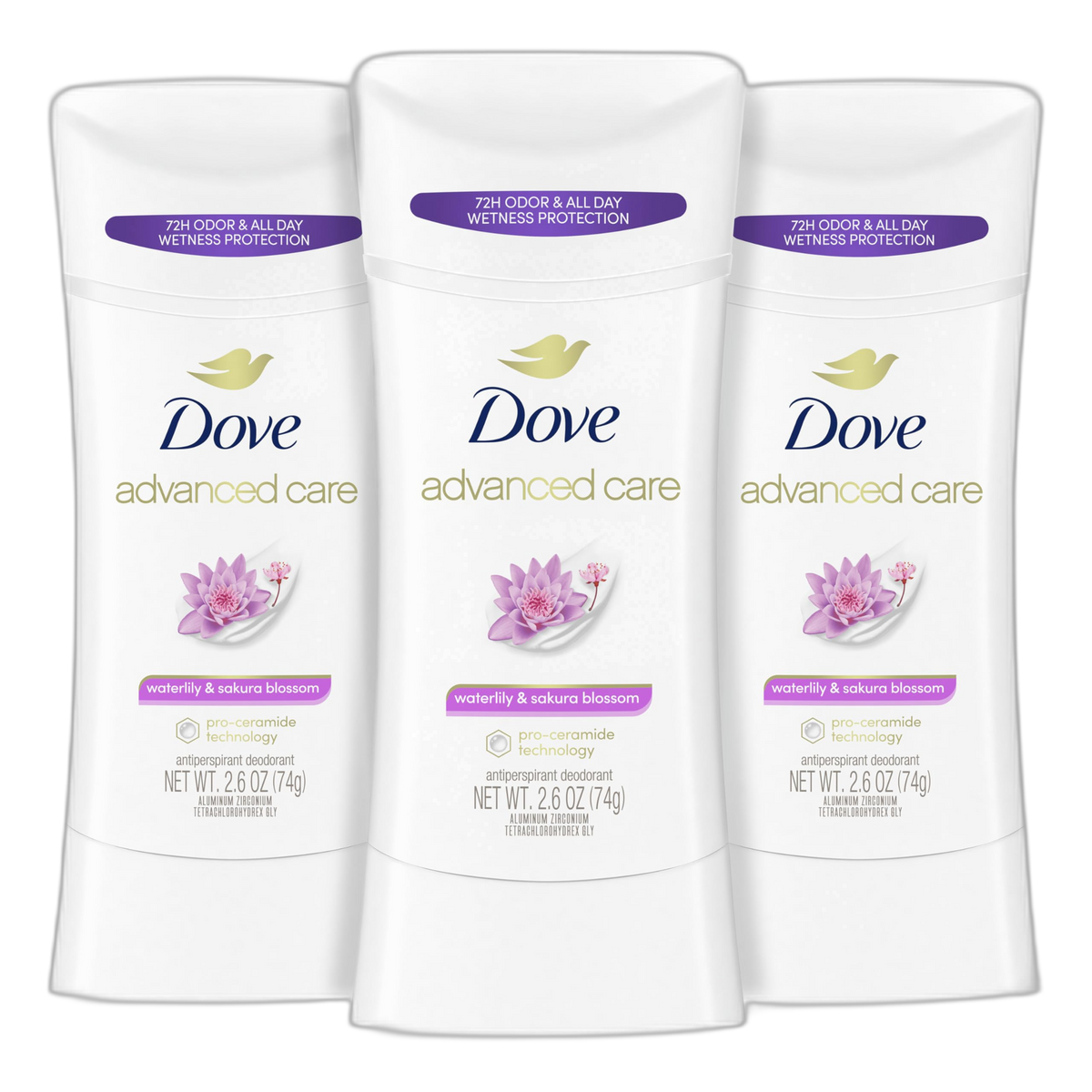Dove Advanced Care Antiperspirant Deodorant Stick Waterlily & Sakura Blossom 3ct For underarm care with Pro Ceramide technology with 72-hour odor control and sweat protection for soft underarms