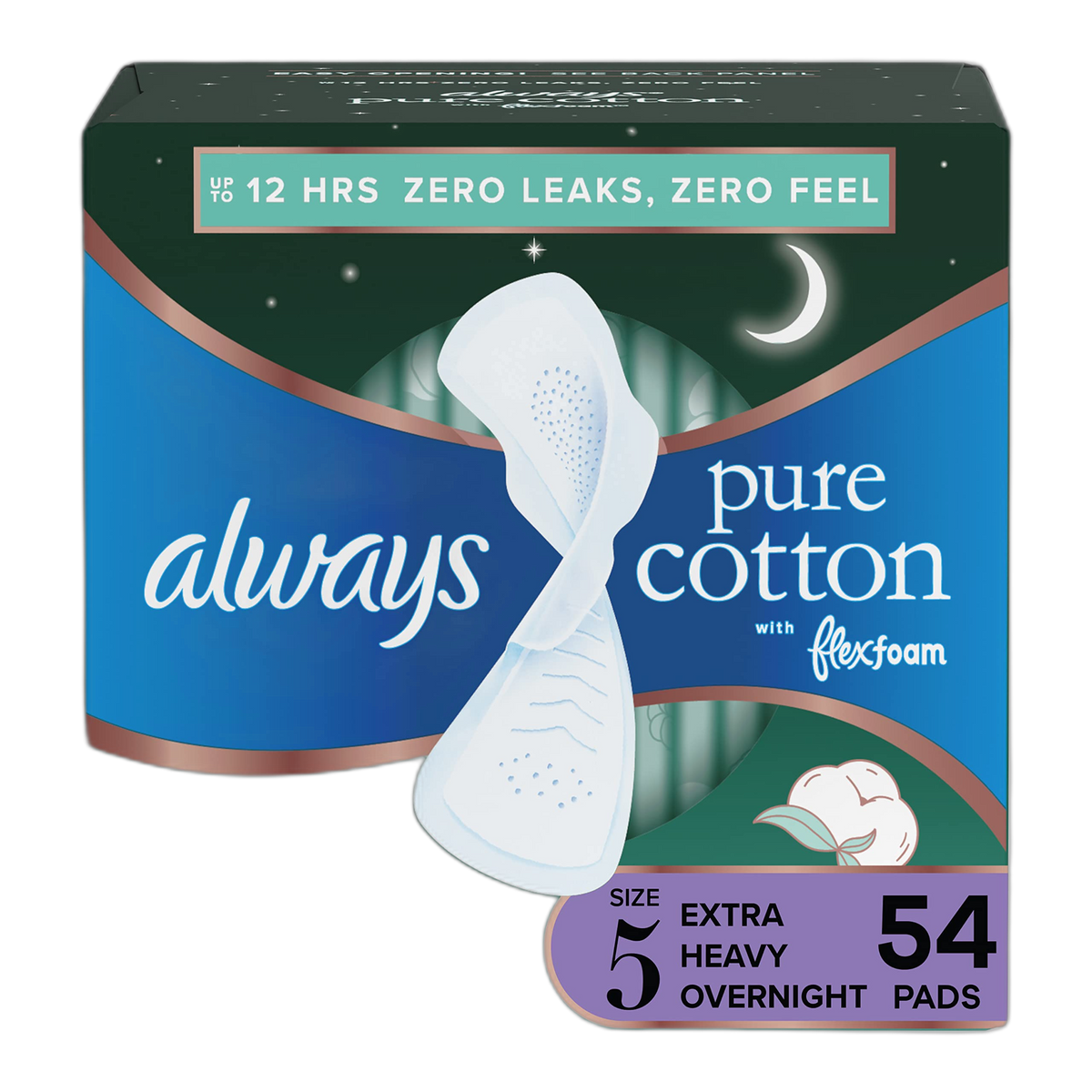 Always Pure Cotton With Flexfoam Pads, Size 5 Extra Heavy Overnight Absorbency, With Wings, 18 Count, Pack Of 3 (54 Count Total)