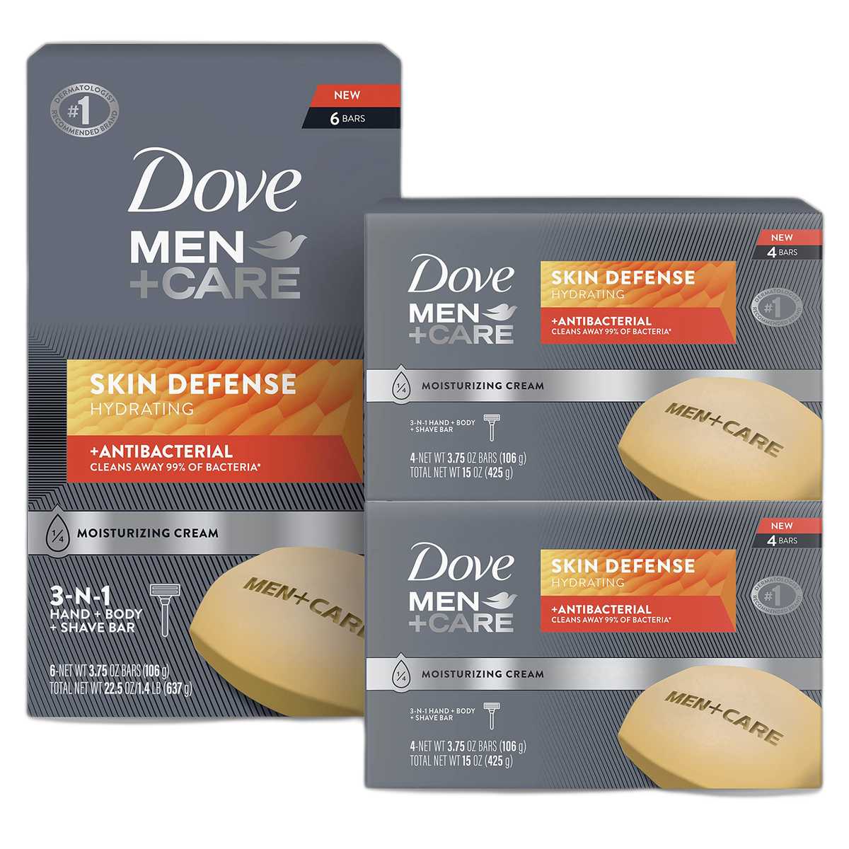 DOVE MEN + CARE Soap Bar For Smooth and Hydrated Skin Care Skin Defense Effectively Washes Away Bacteria While Nourishing Your Skin, 3.75 Ounce (Pack of 14)