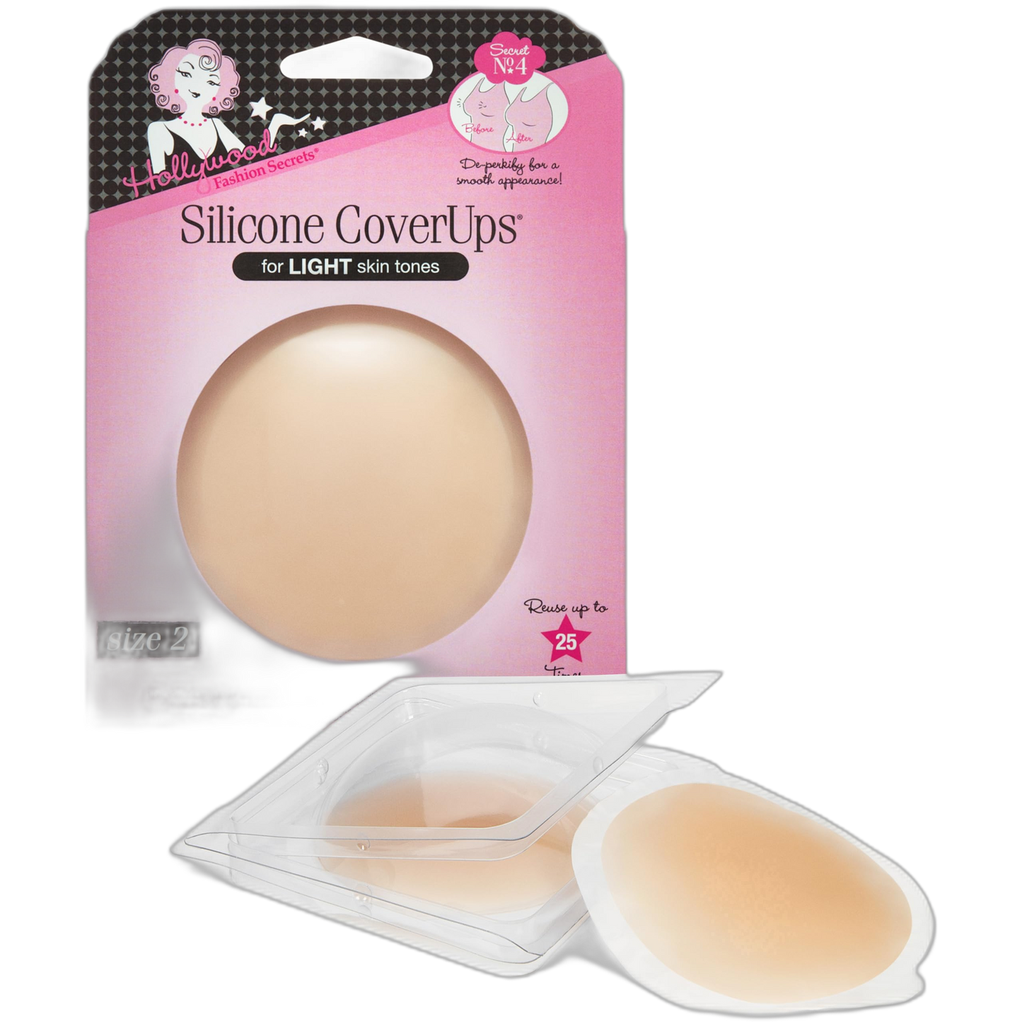 Hollywood Fashion Secrets Silicone Nipple Covers Reusable – Adhesive Nipple Pasties for Women, Invisible Breast Covers, Light Shade, Size 2, Up to 25 Uses, 1 Pack