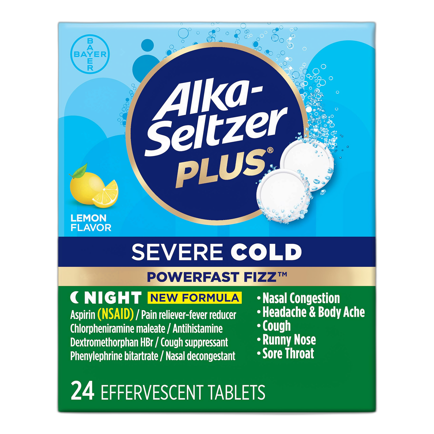 Alka-Seltzer Plus Severe Night Cold PowerFast Fizz Effervescent Tablets, Cold Medicine for Nasal Congestion, Headaches, Cough, Body Aches and More, 20 Count, Packaging May Vary