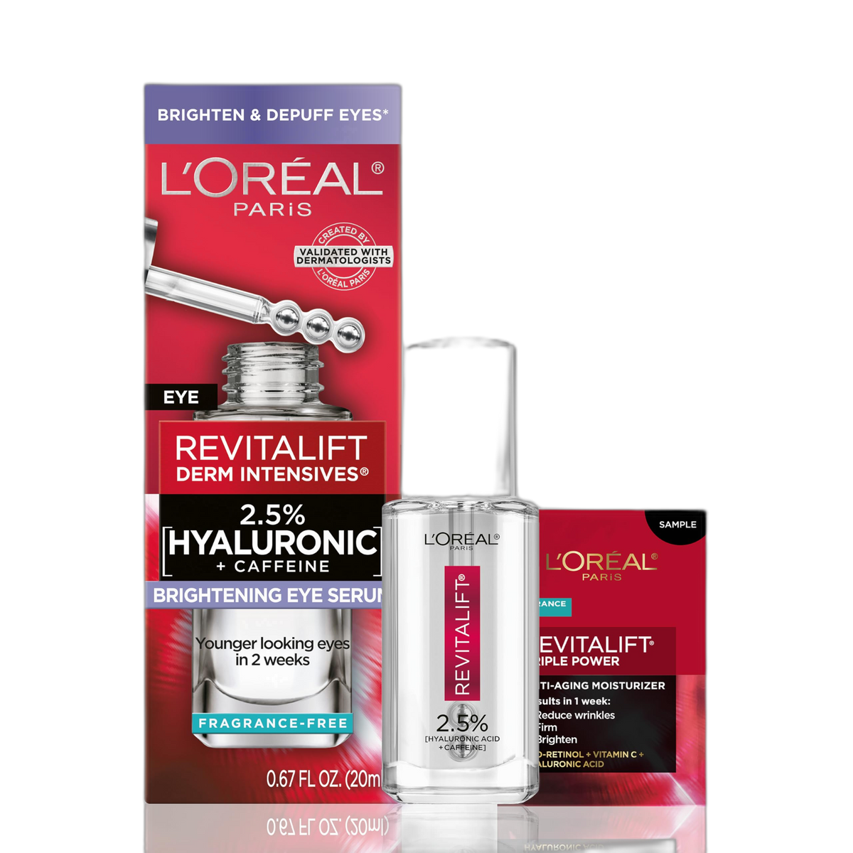 L'Oreal Paris Revitalift Hyaluronic Acid + Caffeine Hydrating Eye Serum for Dark Circles, Fragrance Free .67 fl. oz + Moisturizer Sample