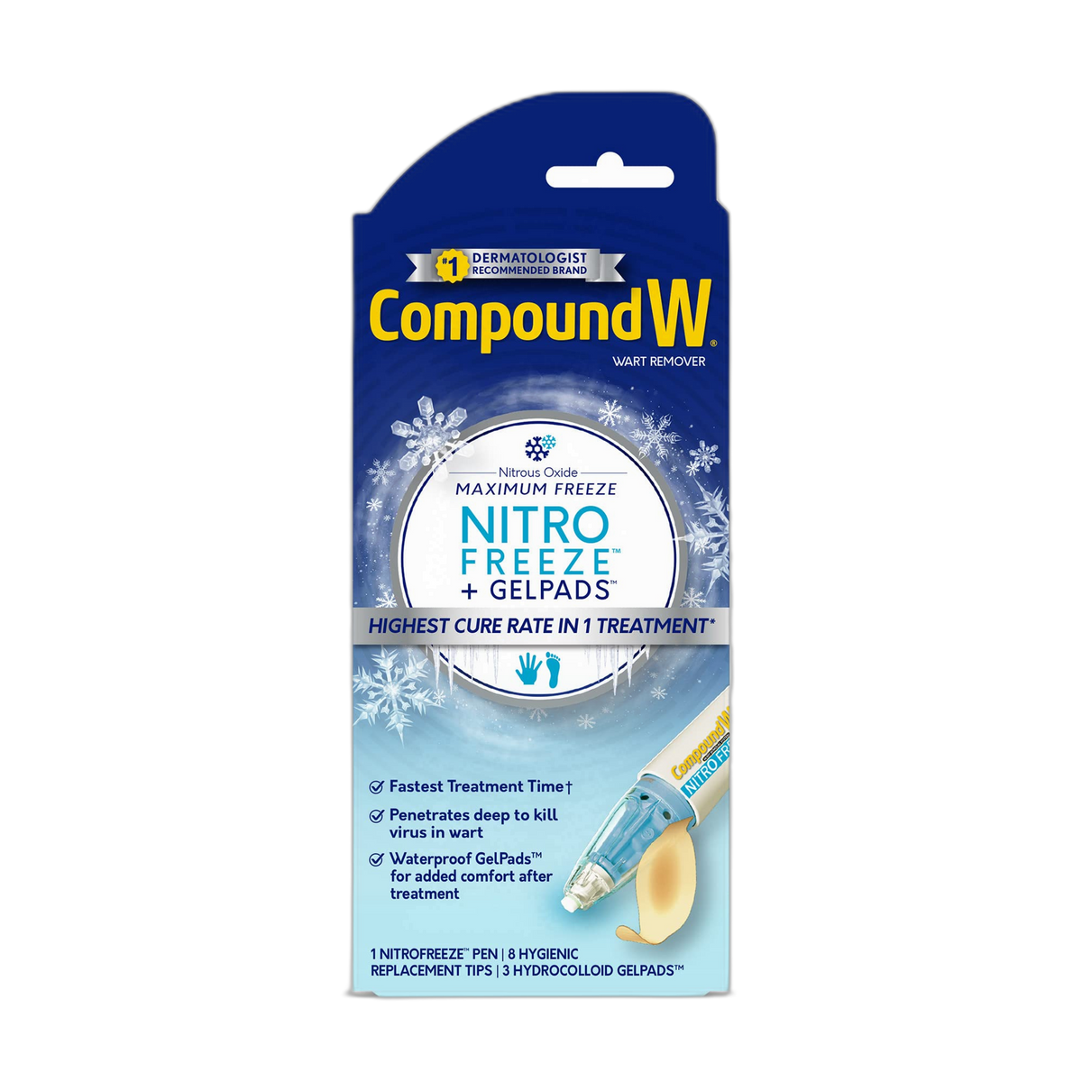 Compound W NitroFreeze + GelPads, Wart Removal, 1 Pen, 8 Replaceable Tips & 3 Waterproof Hydrocolloid GelPads