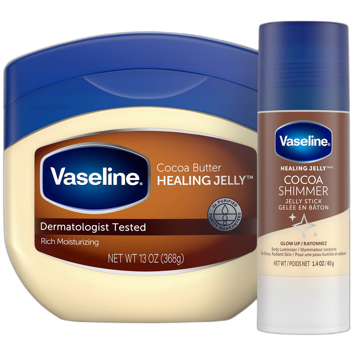 Vaseline Rich Moisturizing Healing Jelly Cocoa Butter, 13 oz Bundled with Cocoa Shimmer Stick, 1.4 oz. Provides Radiant and Shimmering Moisturized Skin with Pleasant Scent
