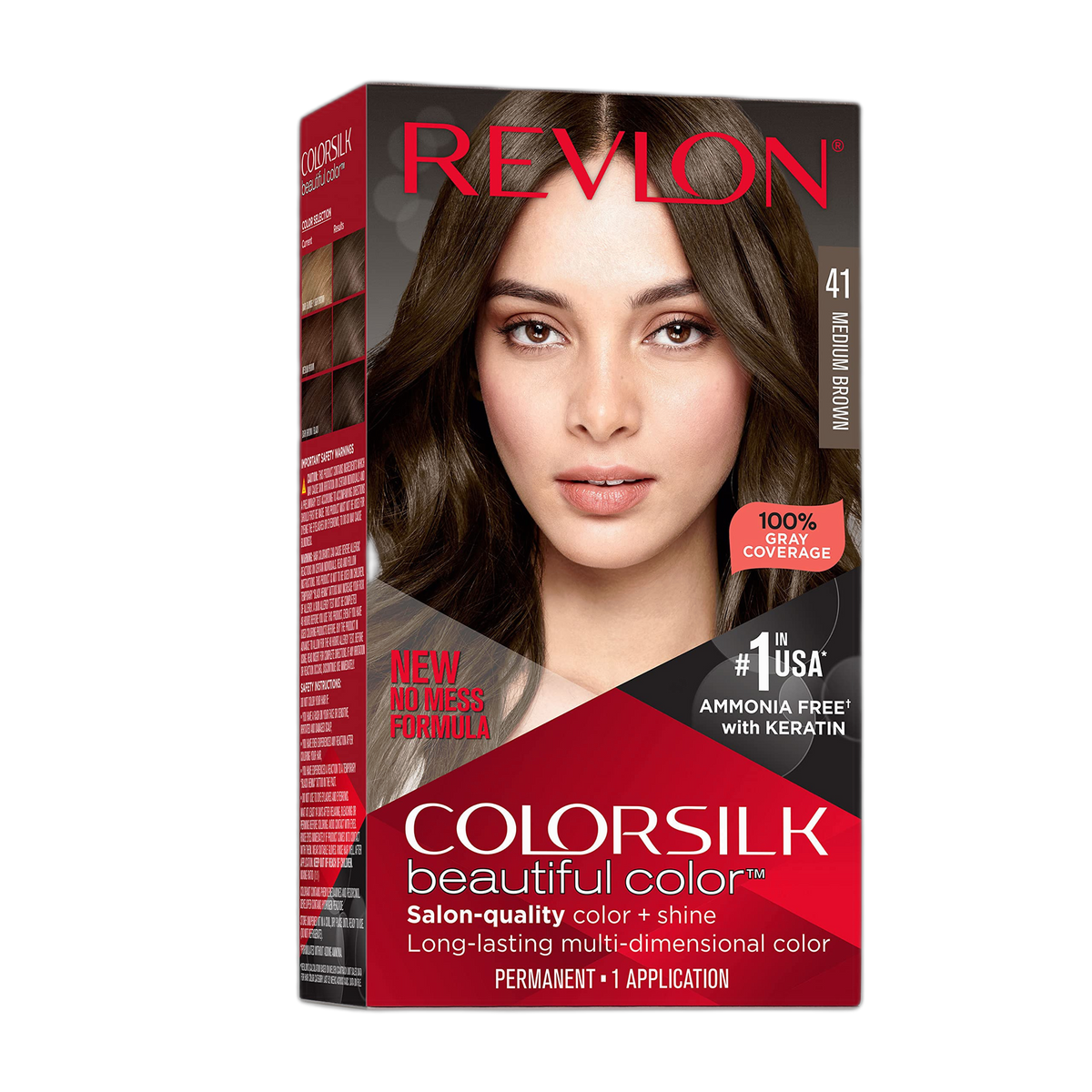 Revlon Colorsilk Beautiful Color Permanent Hair Color, Long-Lasting High-Definition Color, Shine & Silky Softness with 100% Gray Coverage, Ammonia Free, 041 Medium Brown, 1 Pack